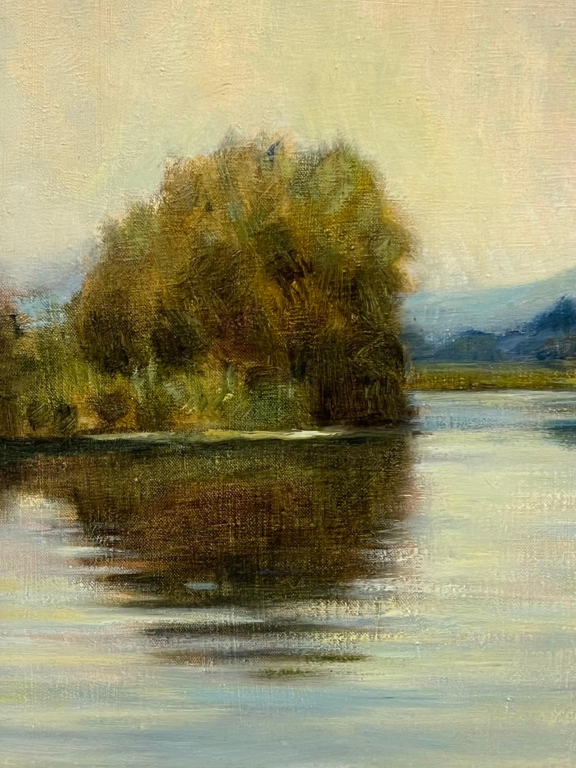 British Impressionist 20th Century Signed Oil Sludgy Green River Landscape Boat For Sale 2