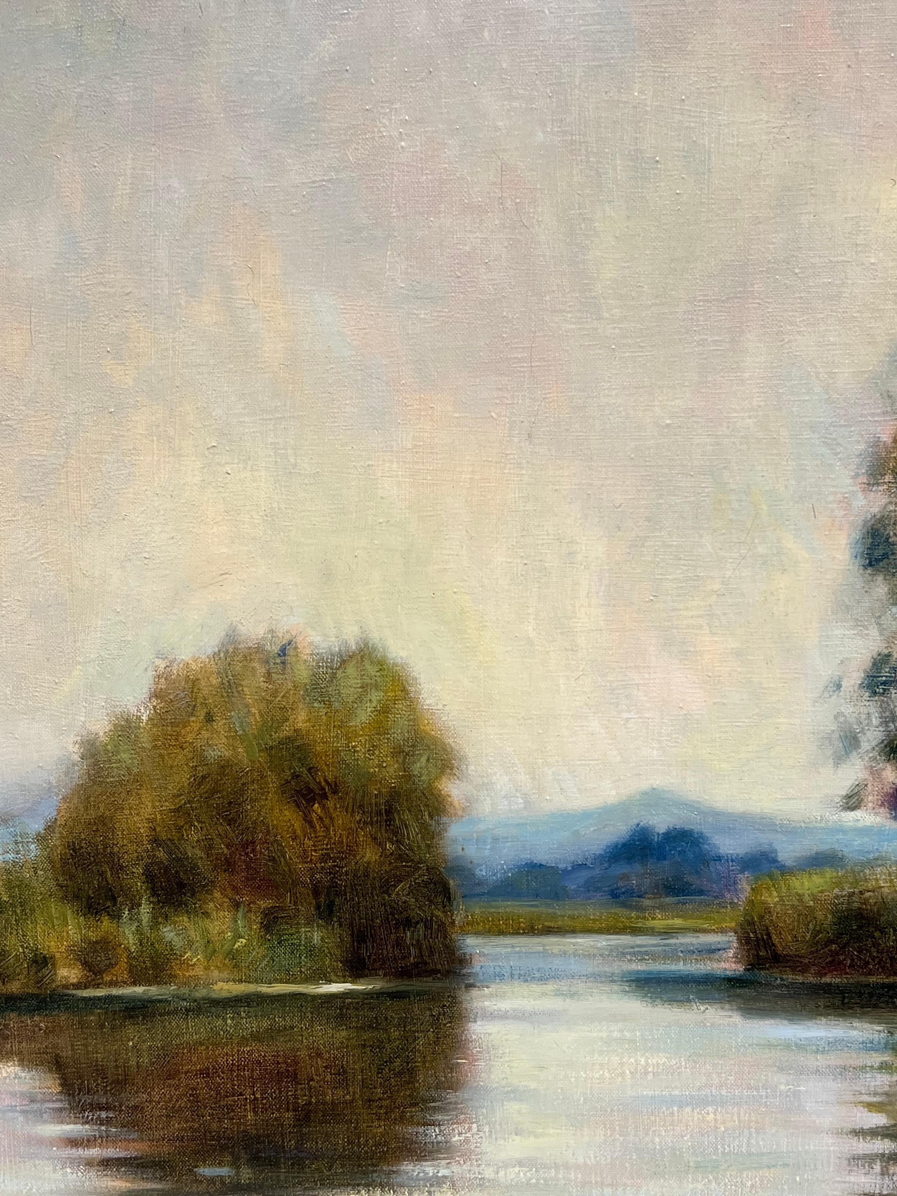 British Impressionist 20th Century Signed Oil Sludgy Green River Landscape Boat For Sale 3