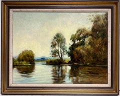 British Impressionist 20th Century Signed Oil Sludgy Green River Landscape Boat