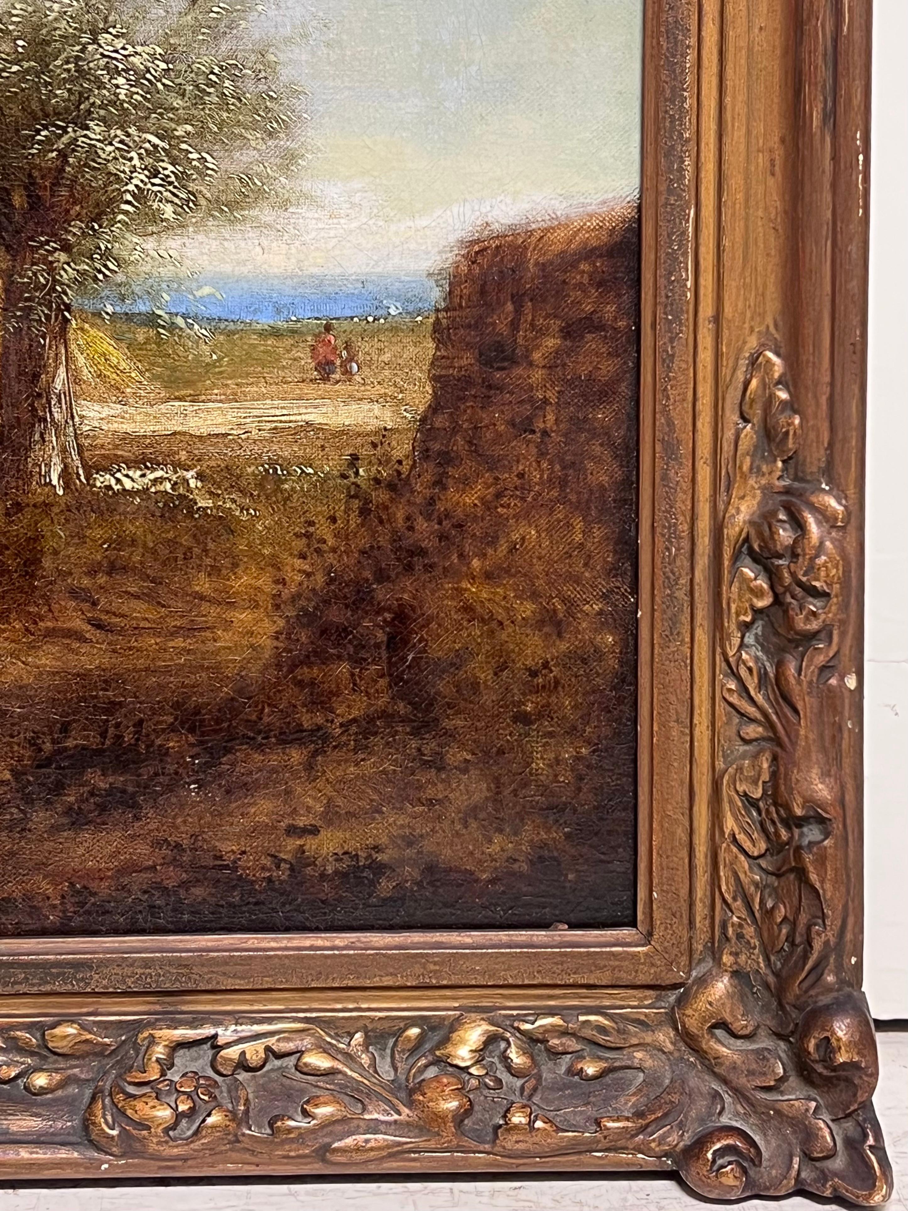 Fino Óleo Inglés Victoriano Paisaje Rural de Cabaña Figuras y Animales en Carril en venta 6