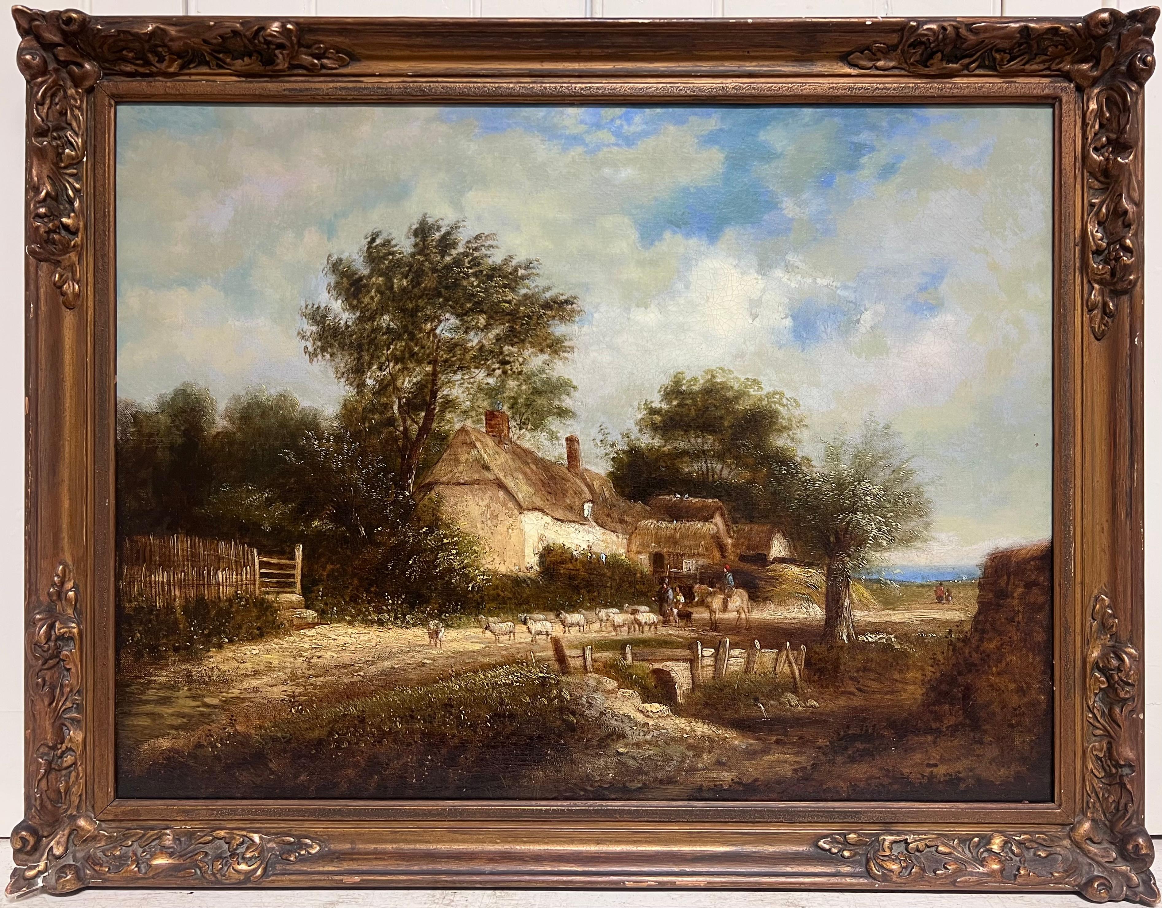 Fino Óleo Inglés Victoriano Paisaje Rural de Cabaña Figuras y Animales en Carril - Painting de British artist