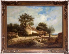 Fine Victorian English Oil Rural Cottage Landscape Figures & Animals in Lane