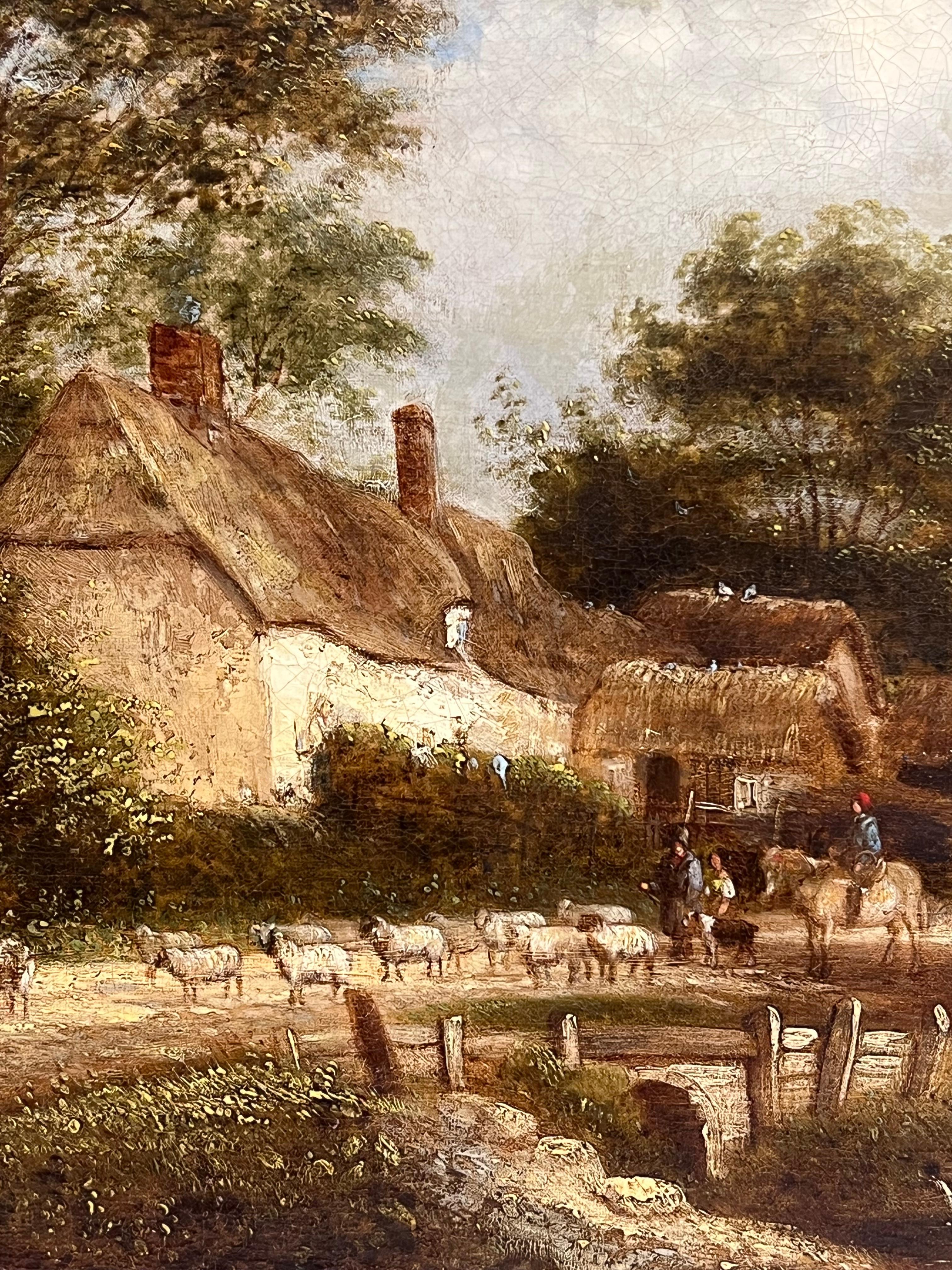 Fino Óleo Inglés Victoriano Paisaje Rural de Cabaña Figuras y Animales en Carril - Painting Escuela inglesa de British artist