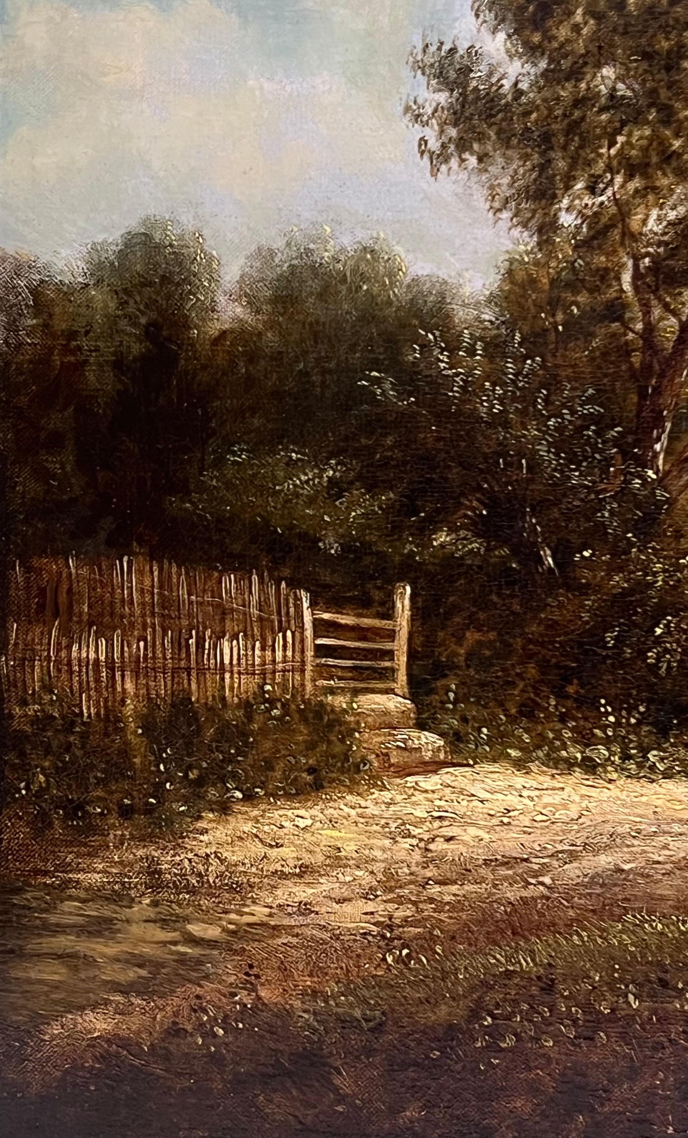 Fino Óleo Inglés Victoriano Paisaje Rural de Cabaña Figuras y Animales en Carril en venta 1