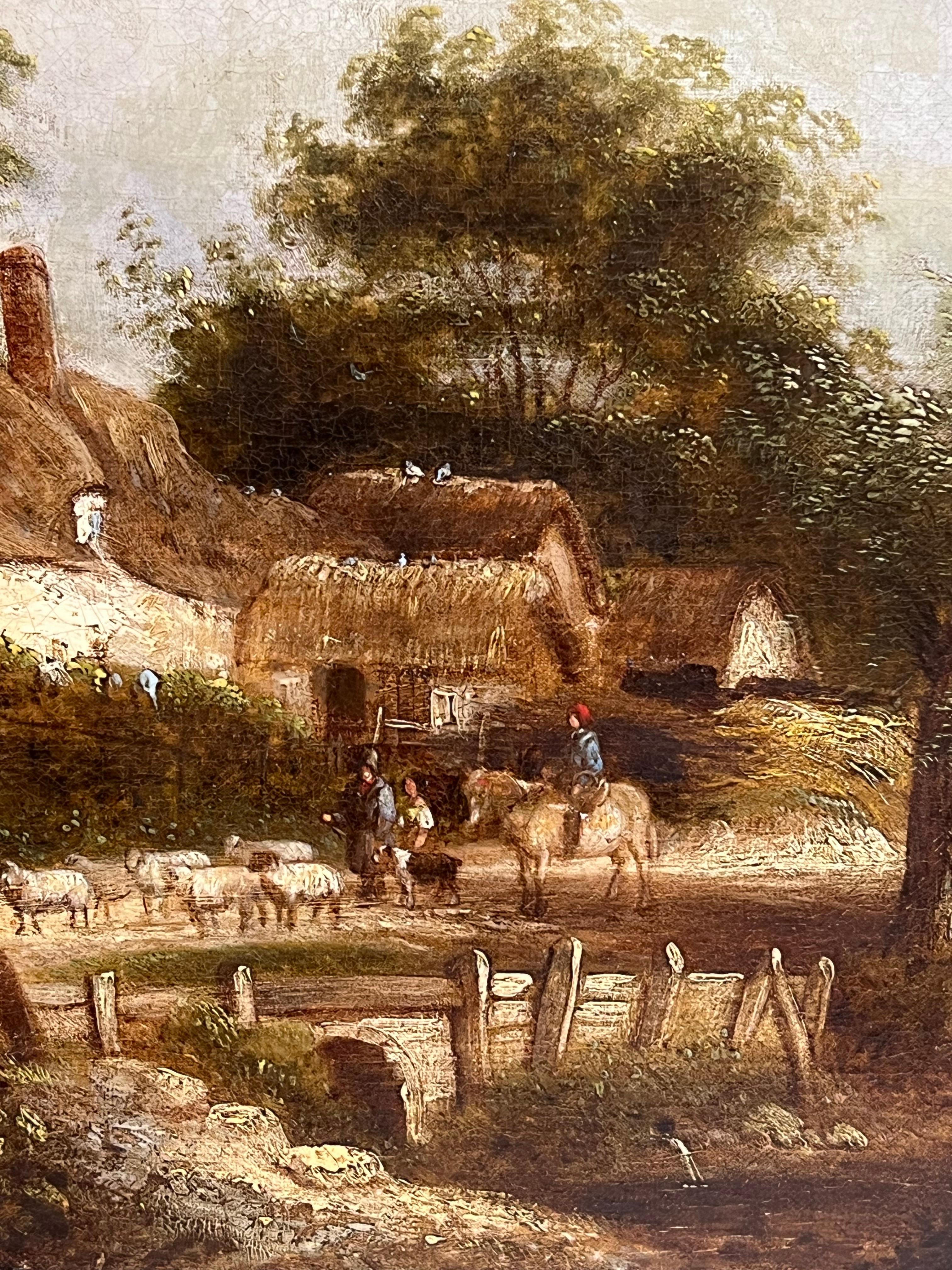 Fino Óleo Inglés Victoriano Paisaje Rural de Cabaña Figuras y Animales en Carril en venta 2