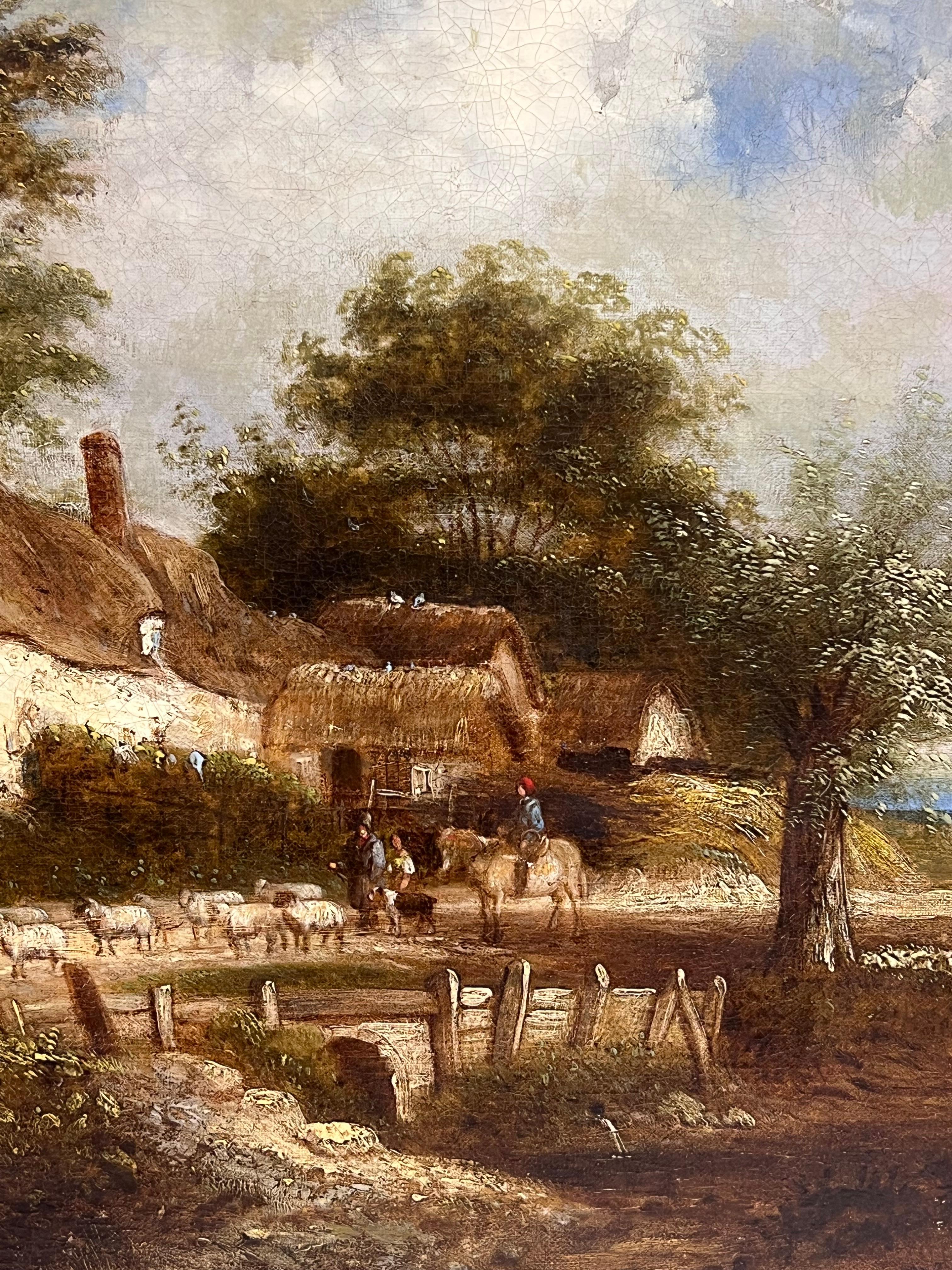 Fino Óleo Inglés Victoriano Paisaje Rural de Cabaña Figuras y Animales en Carril en venta 4