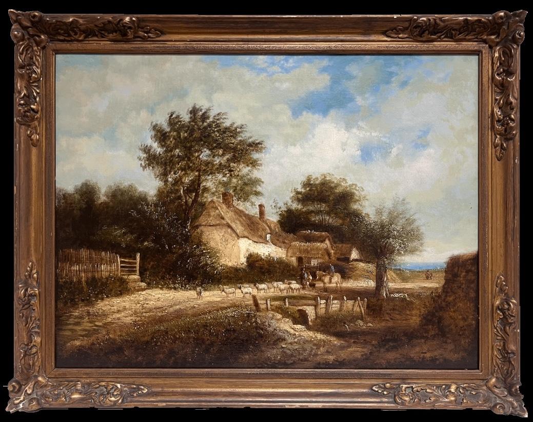 Fine huile anglaise victorienne, paysage rural, personnages et animaux dans Lane