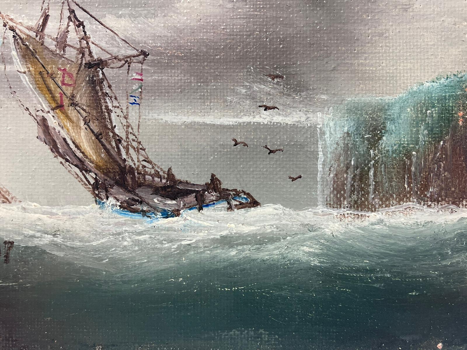 Sailing Boats in Stormy Seas off Rocky Coastline Signed British Oil Painting 1