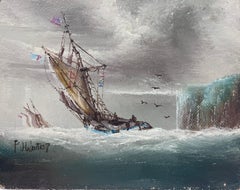 Sailing Boats in Stormy Seas off Rocky Coastline Signed British Oil Painting