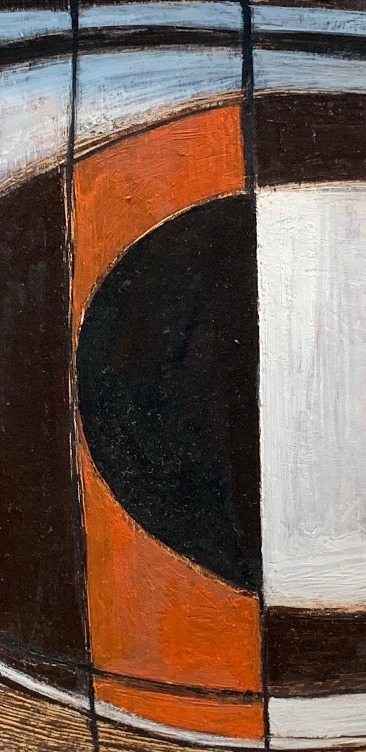 This abstract painting is by Contemporary British artist John Taylor.  
The colors of the acrylic painting are black, white and orange and is framed in a vintage frame. 
The artist was originally trained as a theater and film designer.  He has been