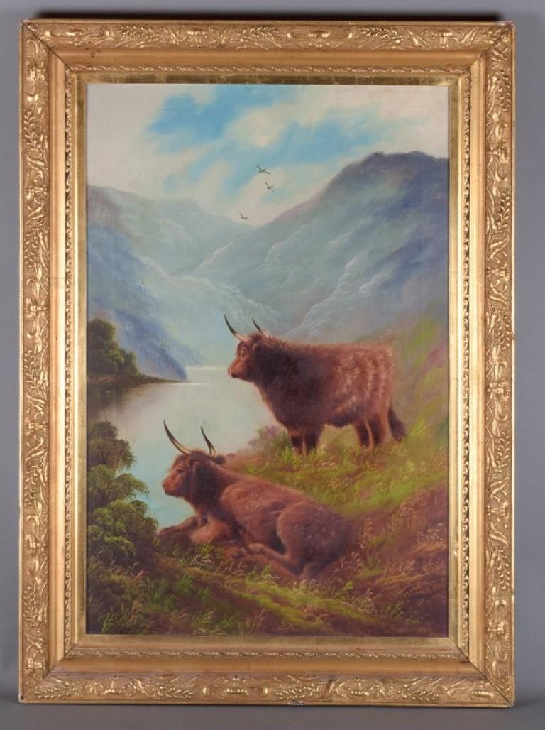 British artist, oil on canvas. 
Scottish Highland cattle in landscape.
Early 20th century.
Indistinctly signed.
In excellent condition.
Frame: Beautiful and wide gold frame with ornamentation. 
Hand-gilded with gold leaf. Chips on all four corners