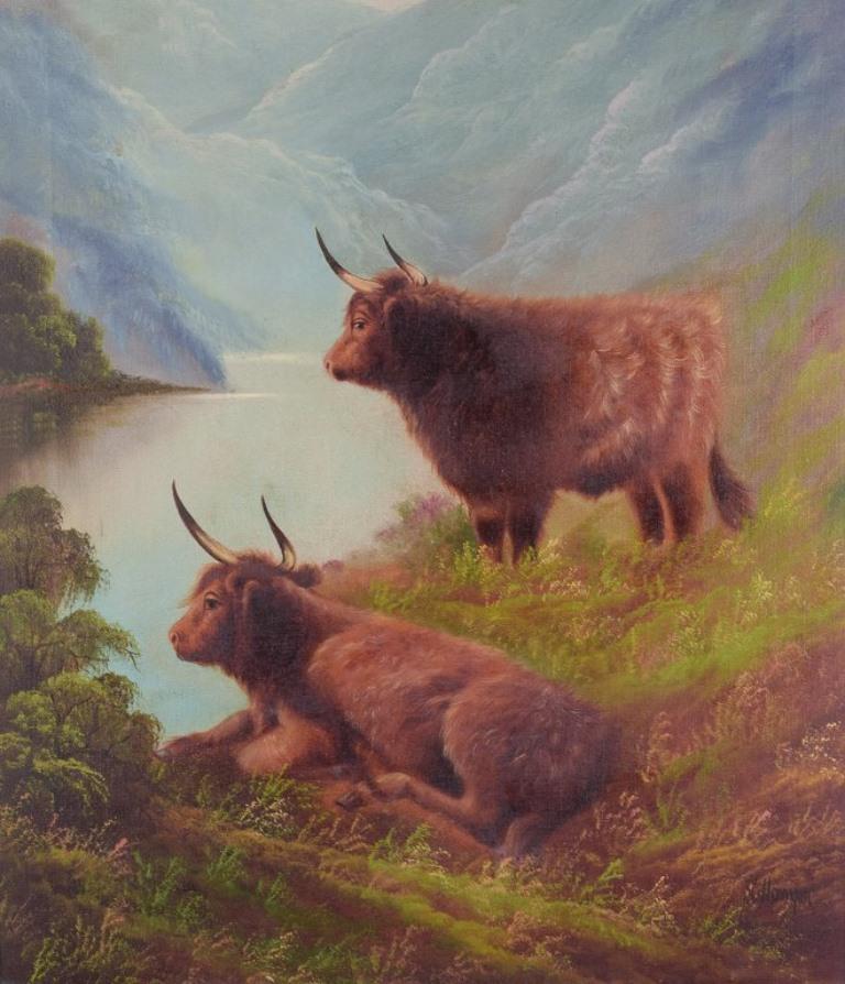 British artist, oil on canvas. Scottish Highland cattle in landscape. In Excellent Condition For Sale In Copenhagen, DK