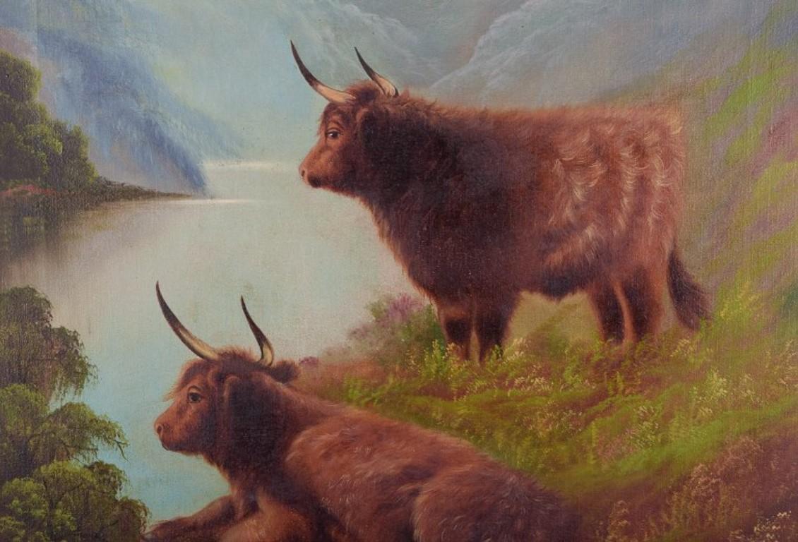 Canvas British artist, oil on canvas. Scottish Highland cattle in landscape. For Sale