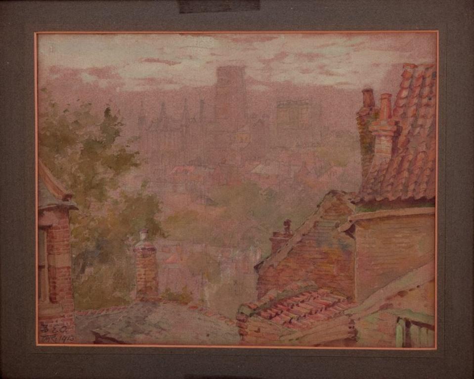 British artist. Watercolour and pencil on paper. View of Durham Cathedral. 1913 In Excellent Condition For Sale In Copenhagen, DK