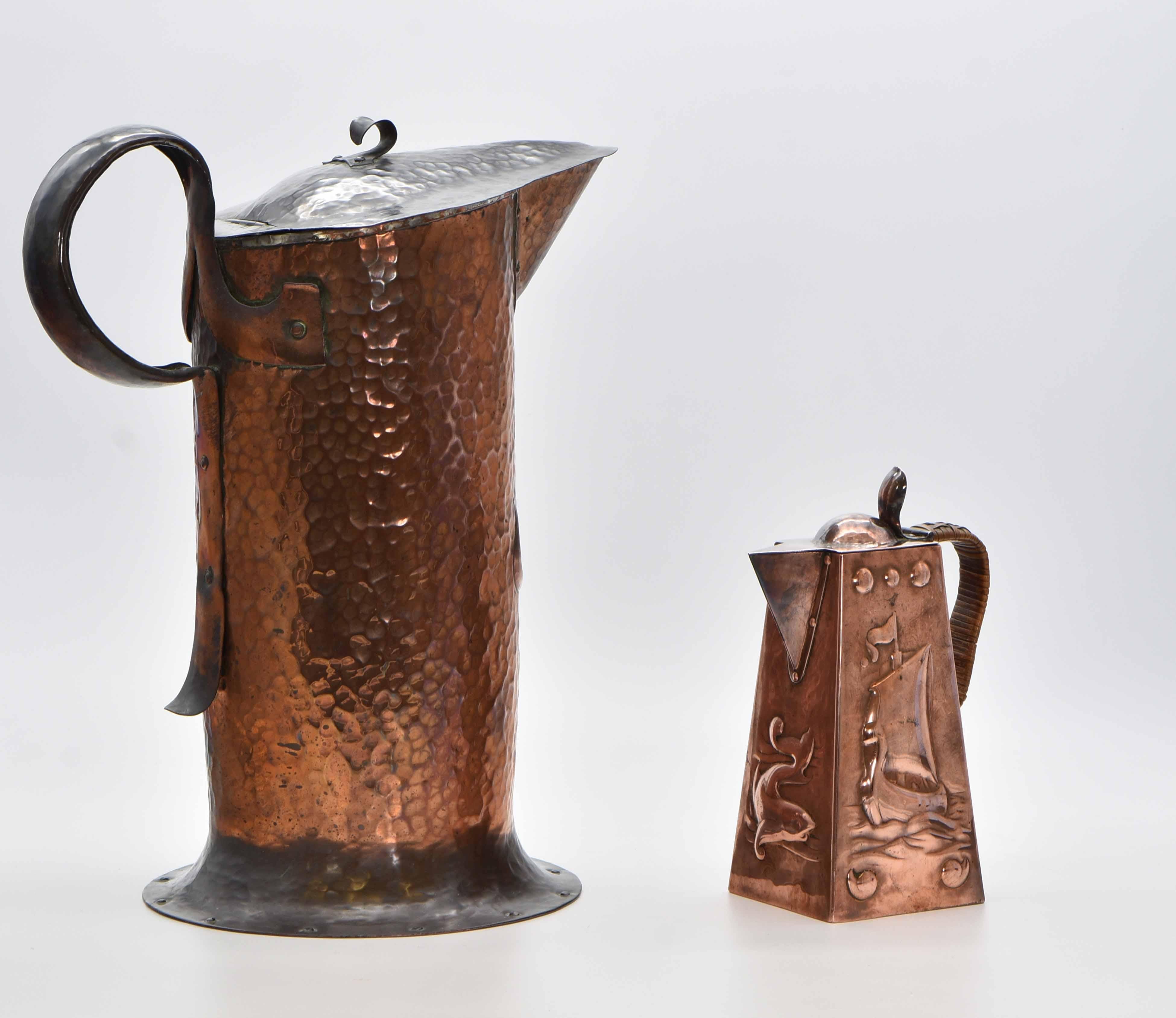 Rattan British Arts & Crafts Newlyn Copper Water Jug With Galleons & Fish