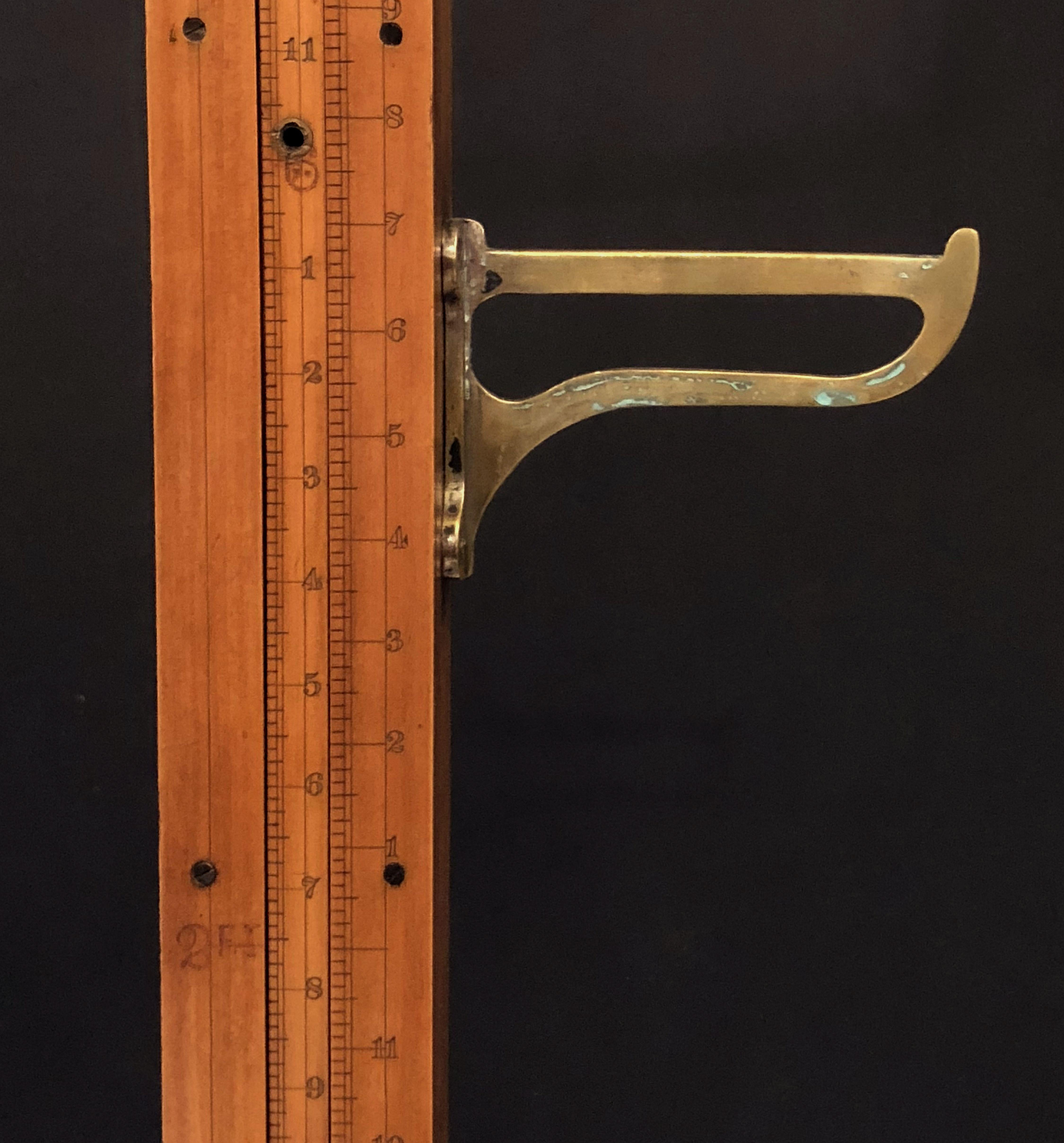 Metal British Athlete's Personal Floor Standing Scale of Oak, Boxwood, and Brass
