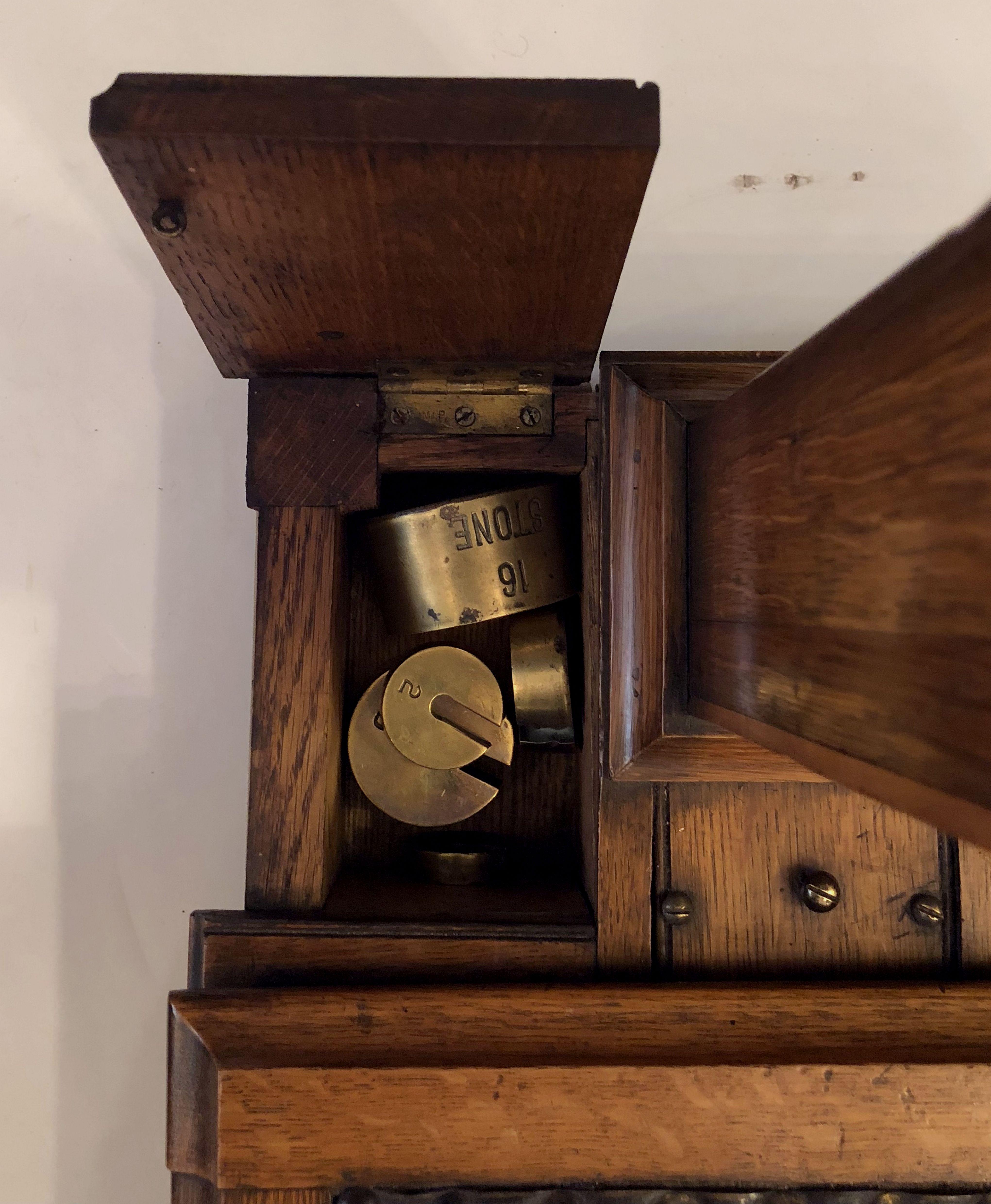 English British Athlete's Personal Floor Standing Scale of Oak, Boxwood, and Brass