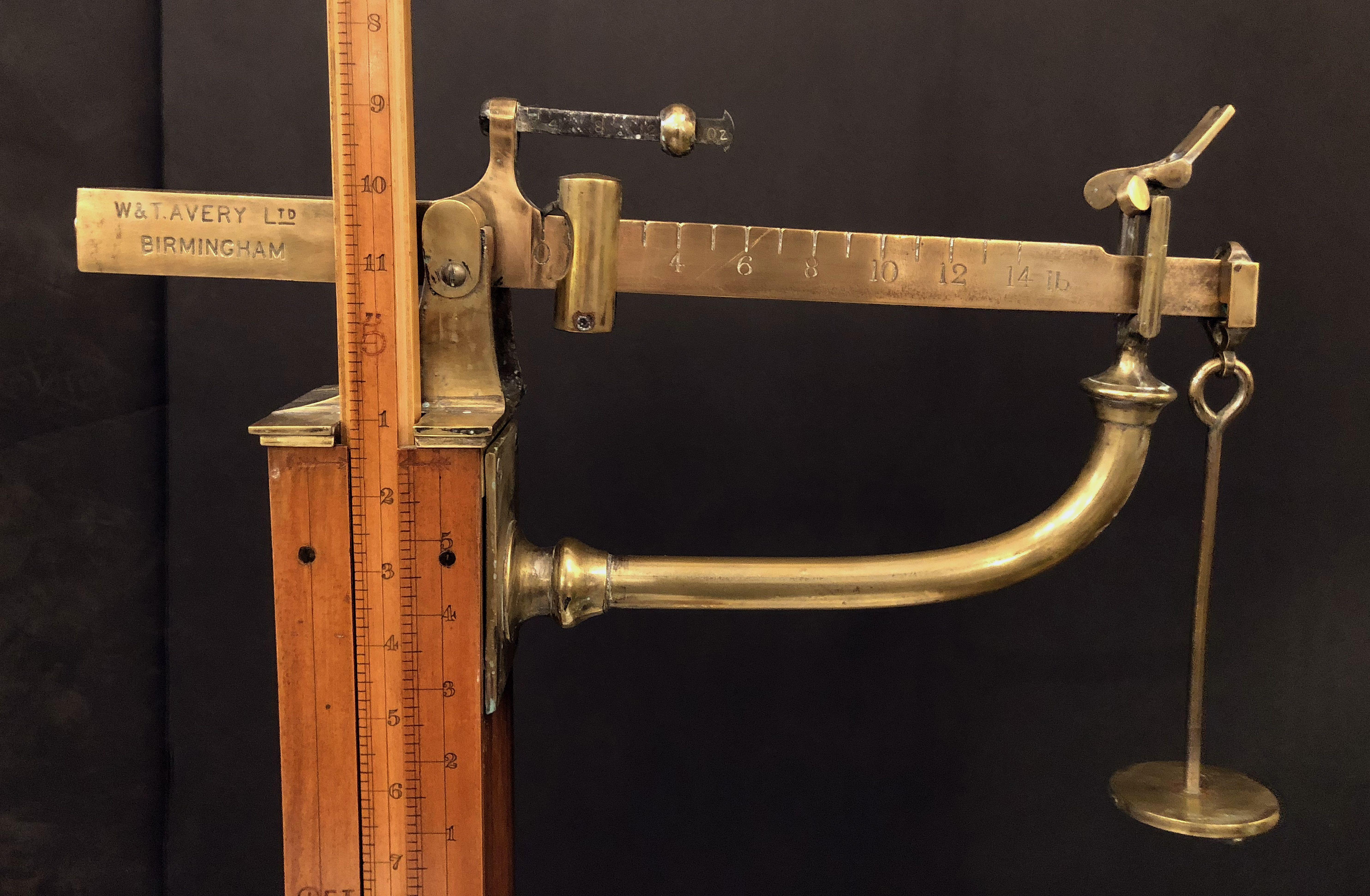 20th Century British Athlete's Personal Floor Standing Scale of Oak, Boxwood, and Brass