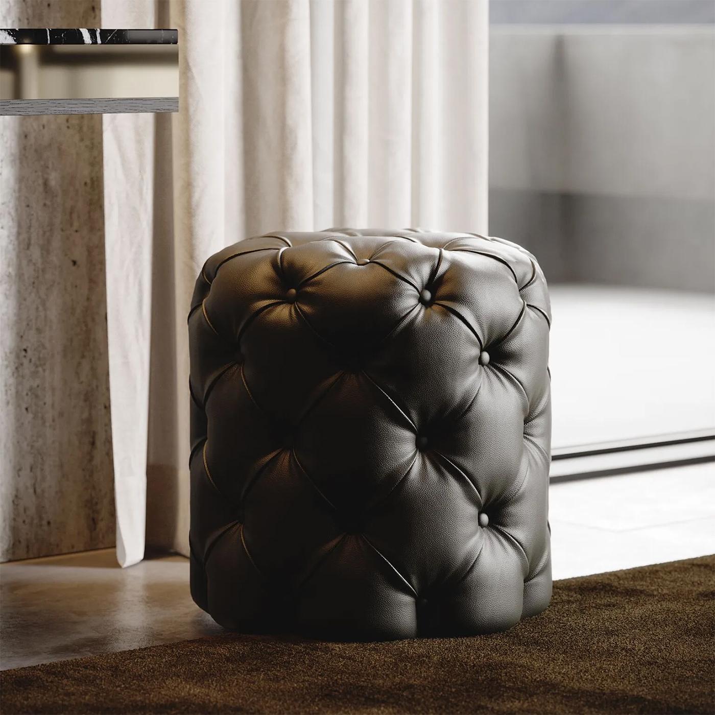 Contemporary British Black Leather Pouf For Sale