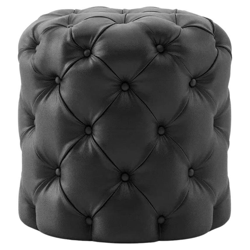 British Black Leather Pouf For Sale