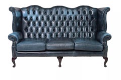 British, Blue Leather, Wing Back, Button Tufted, Chesterfield Sofa!!