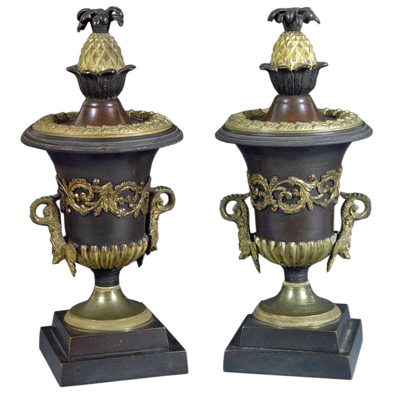Regency Bronze and Ormolu Candlestick Urns with Pineapple Reversible Tops For Sale