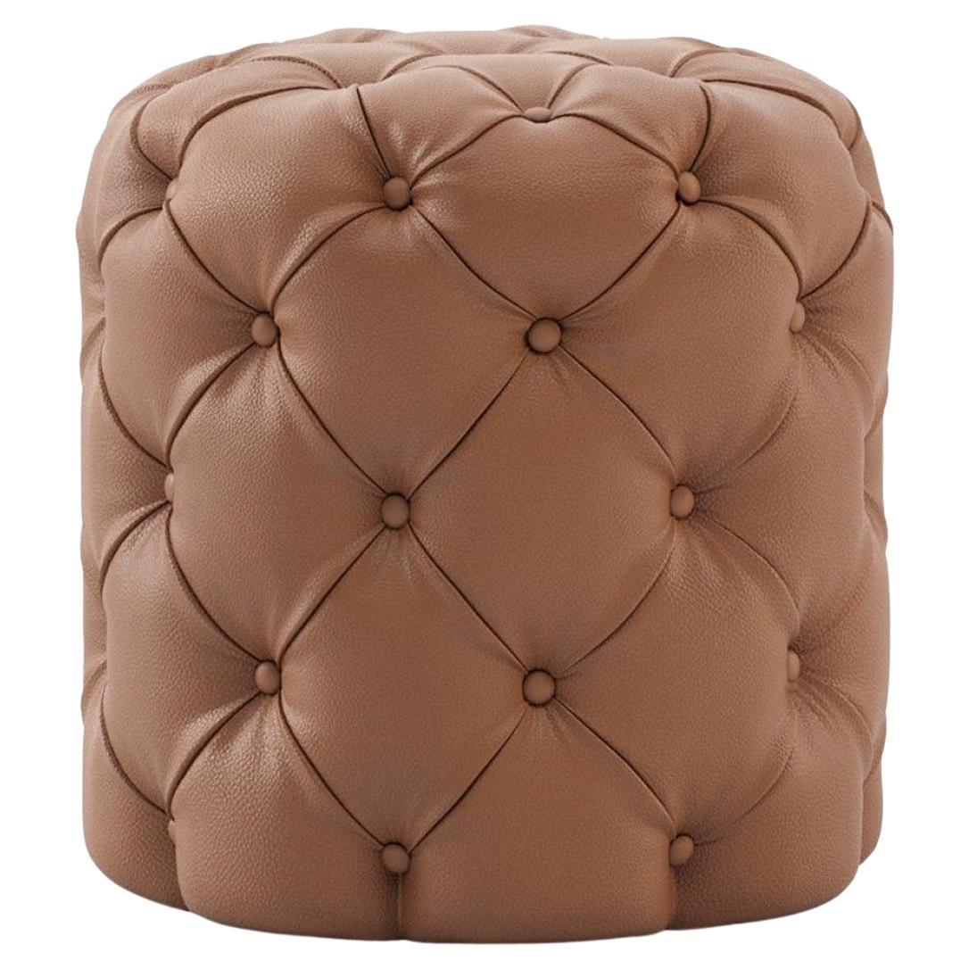 British Brown Leather Pouf For Sale