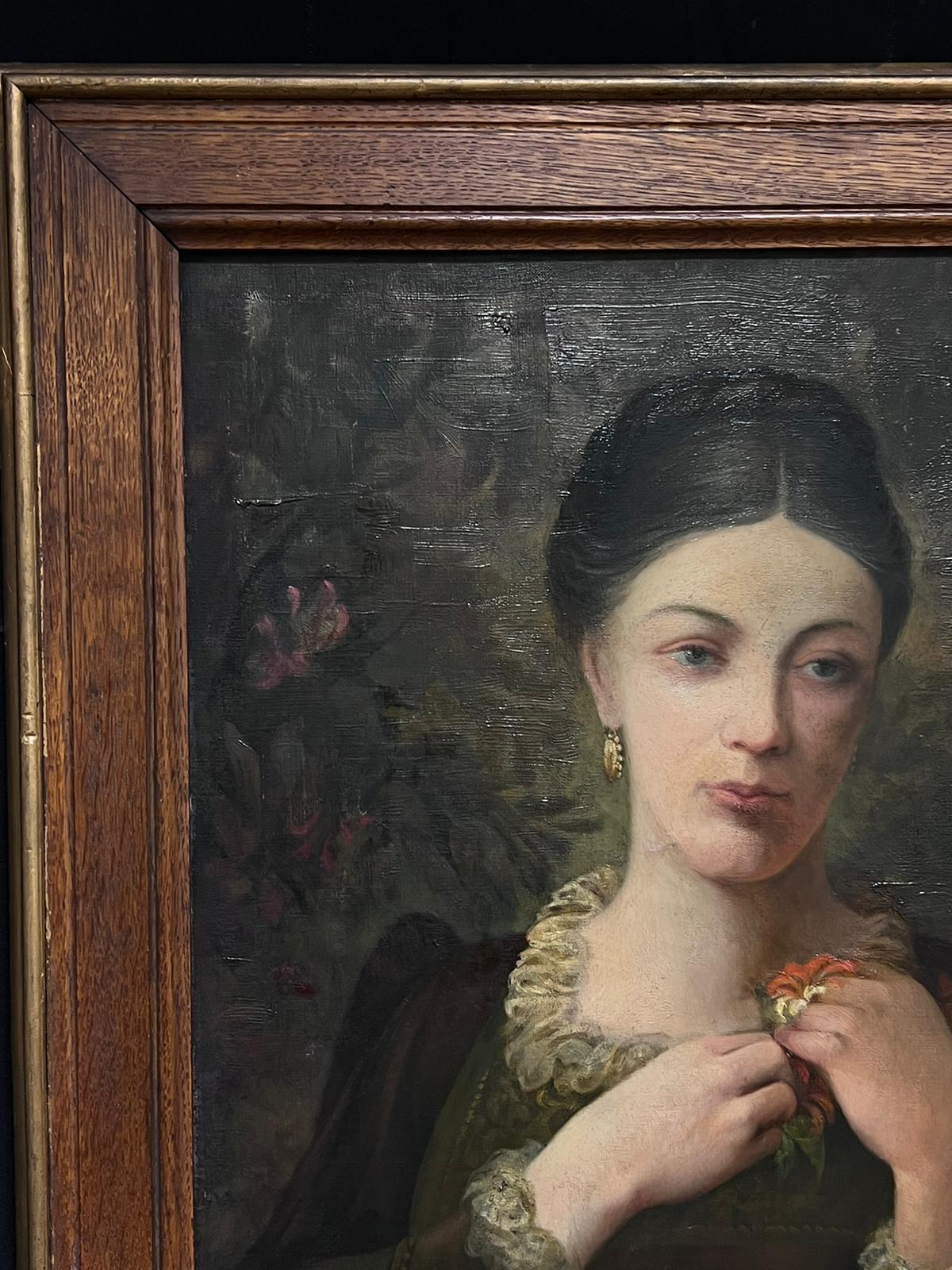 Fine Antique British Portrait of Elegant Lady with Flower Framed Oil Painting For Sale 1