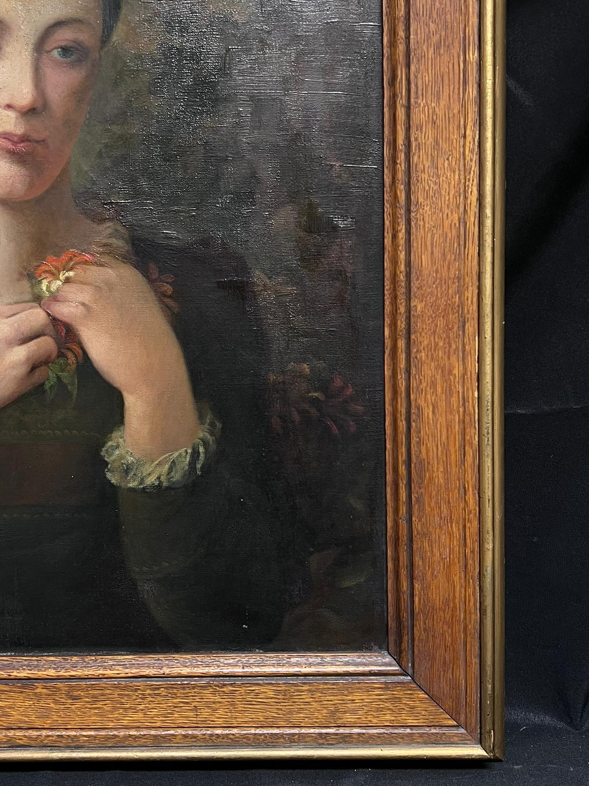 Fine Antique British Portrait of Elegant Lady with Flower Framed Oil Painting For Sale 2