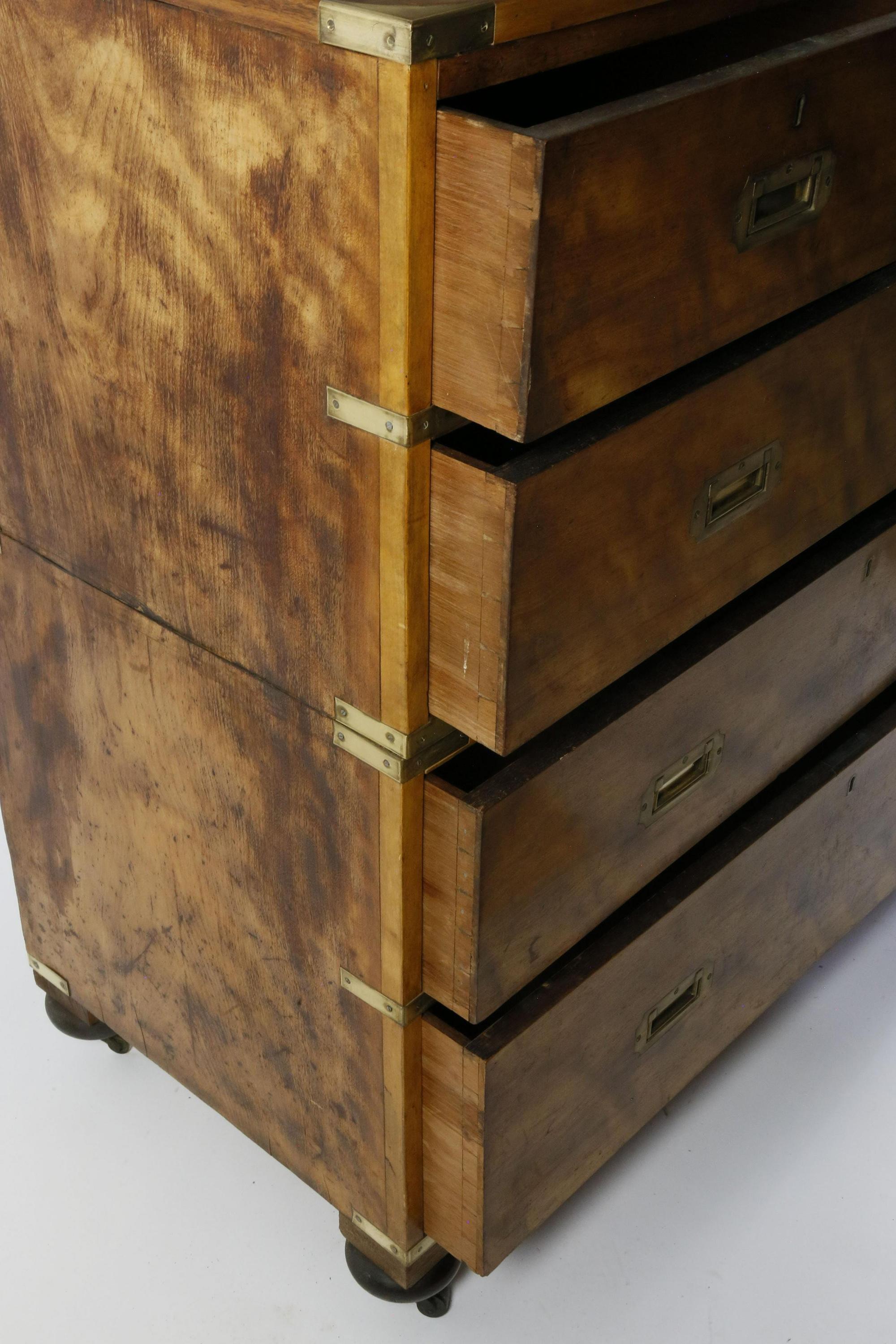 19th Century British Campaign Chest of Drawers in Flame Birch