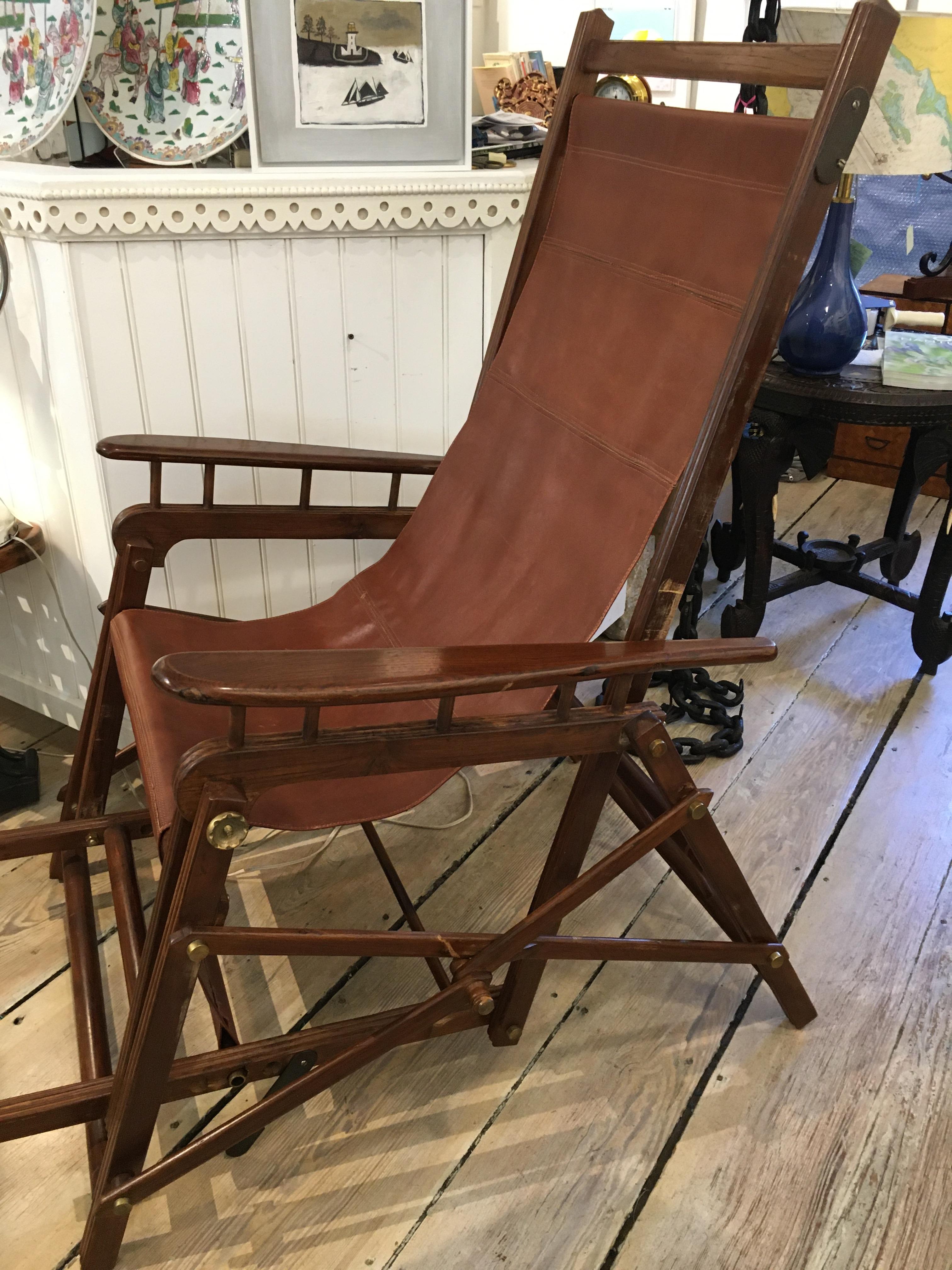 20th Century British Campaign Folding Teak and Leather Safari Chair and Recliner, Early 1900s