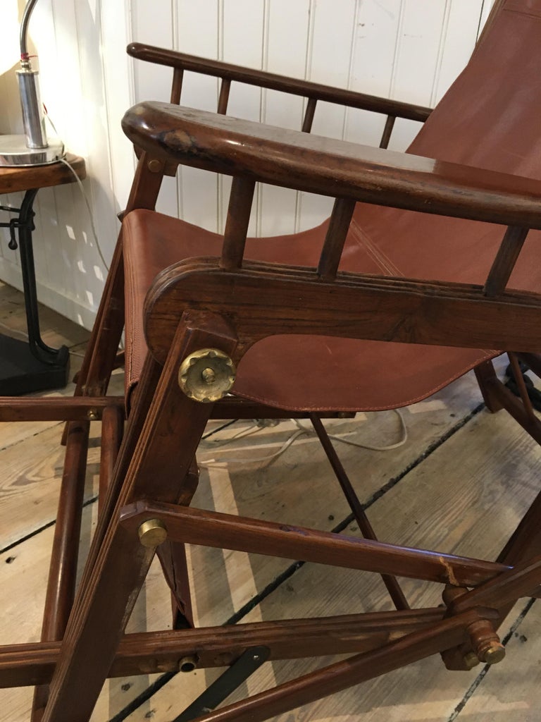 British Campaign Folding Teak and Leather Safari Chair and Recliner