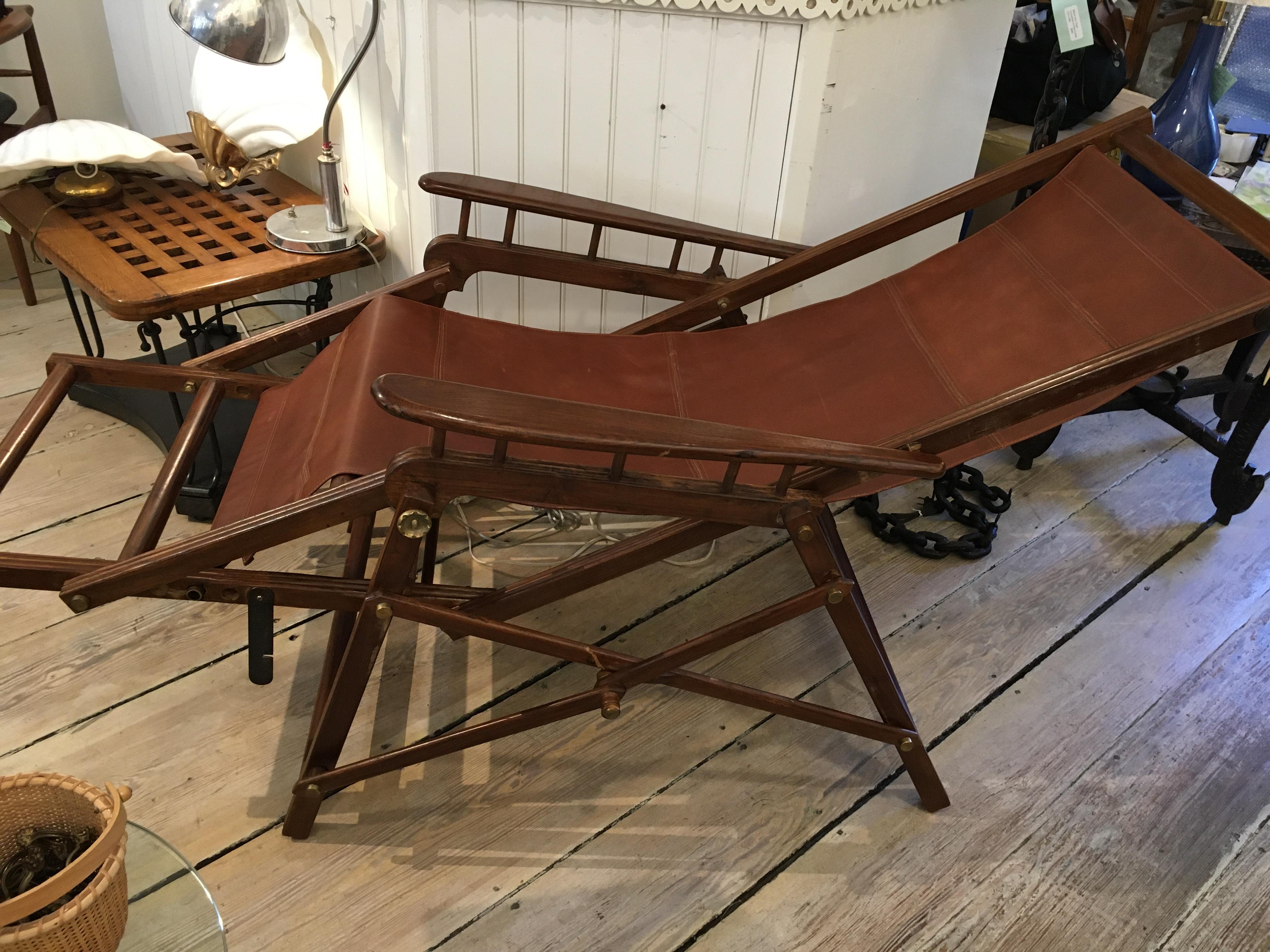 British Campaign Folding Teak and Leather Safari Chair and Recliner, Early 1900s 2