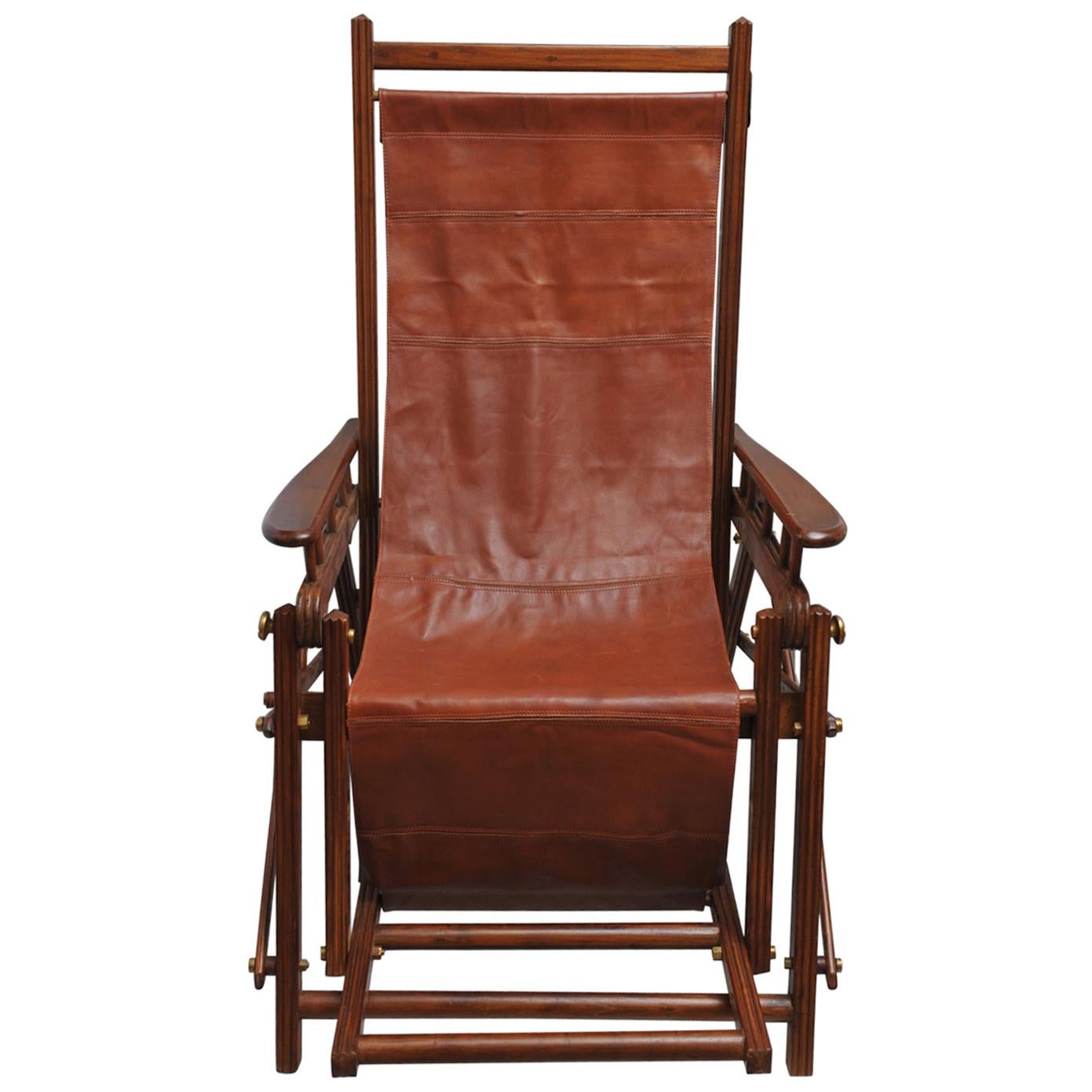 British Campaign Folding Teak and Leather Safari Chair and Recliner, Early 1900s