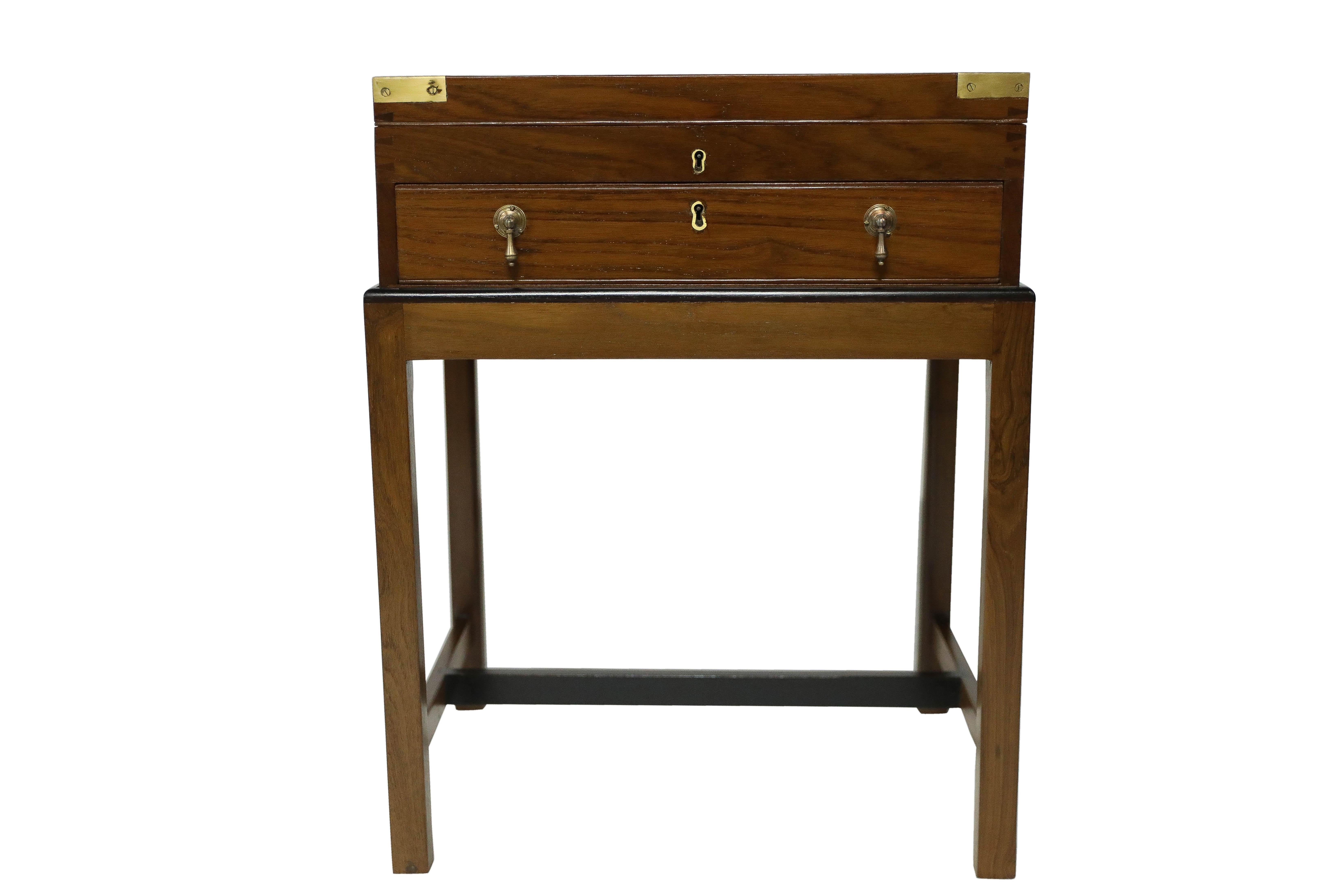 British Campaign Mahogany and Ebony Chest on Custom-made Stand In Good Condition In Nantucket, MA