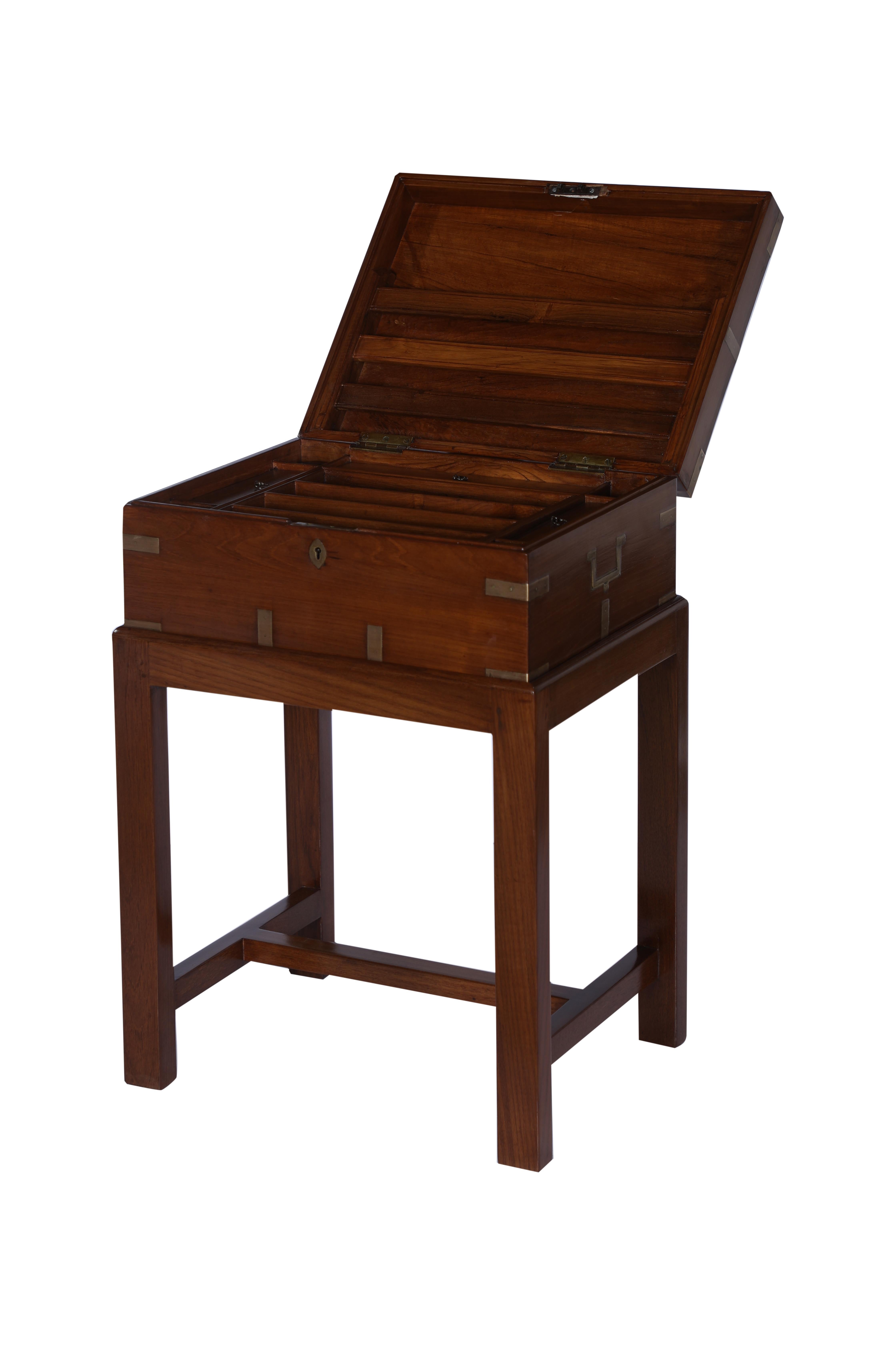 British Campaign Mahogany Officer's Chest on Custom Stand, Early 1900s In Good Condition In Nantucket, MA