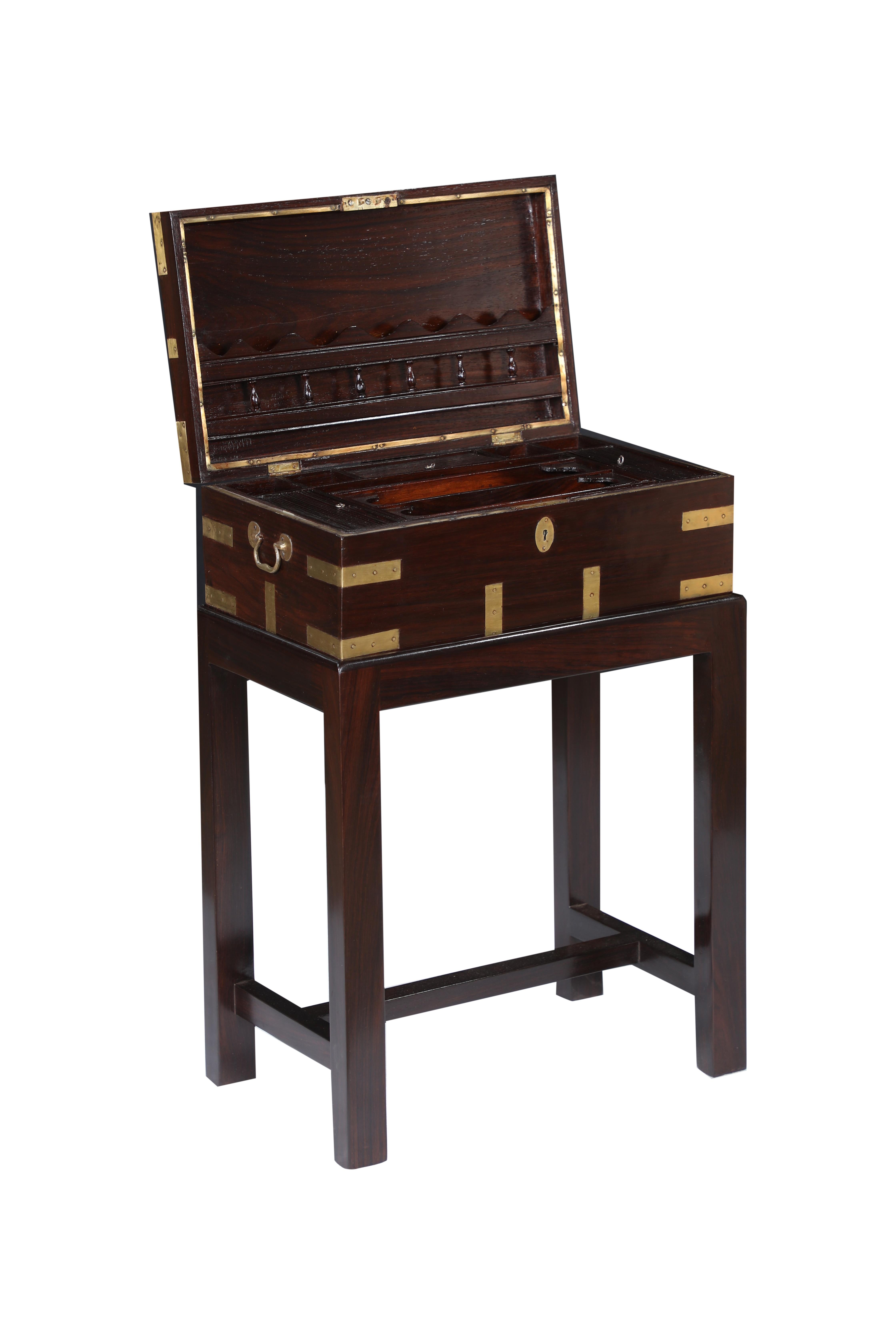 British Campaign Officer's Chest in Rosewood on Custom Stand, Early 1900's In Good Condition For Sale In Nantucket, MA