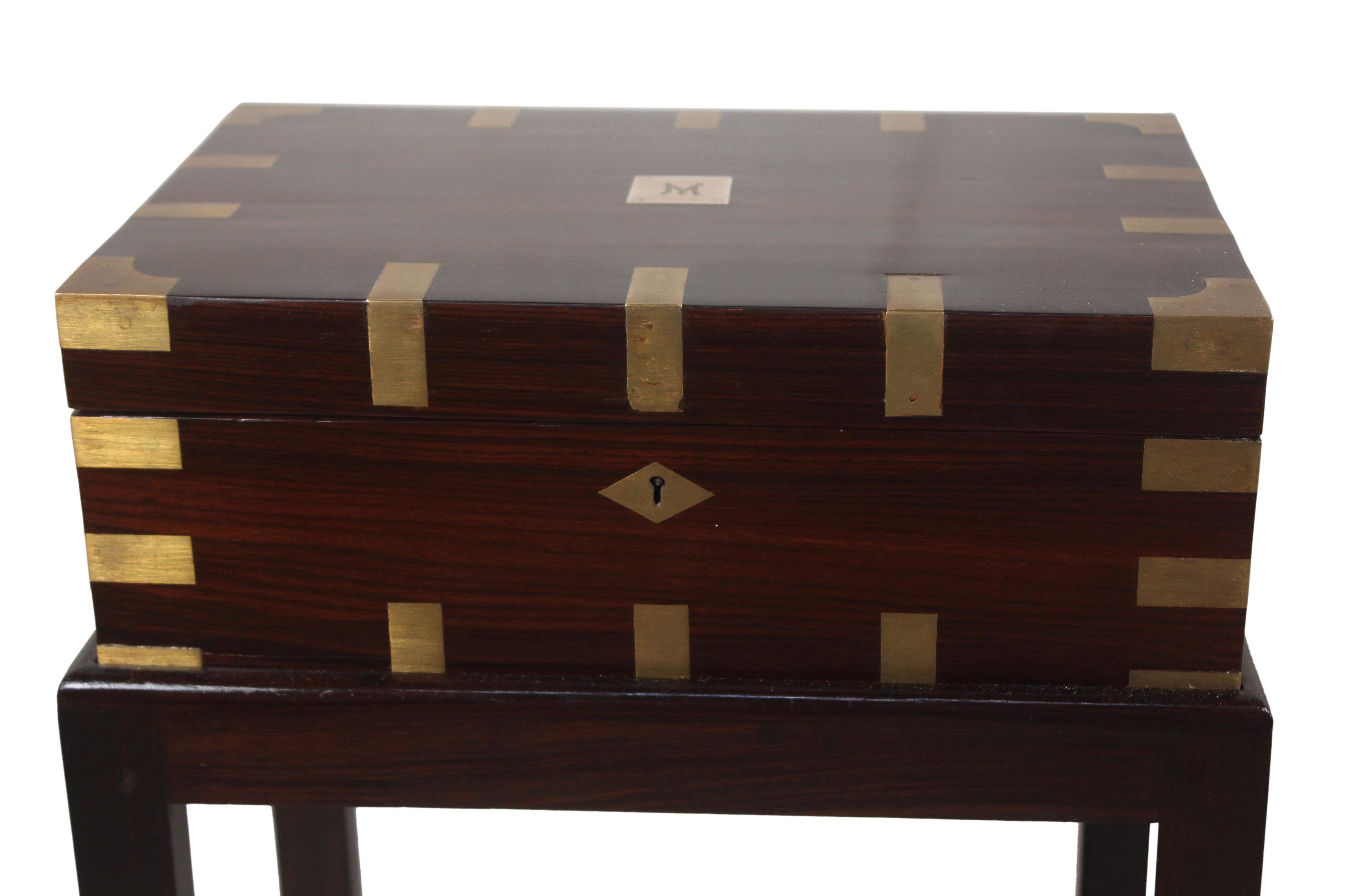 British Campaign Rosewood Officer's Chest on Stand, Early 1900s 1