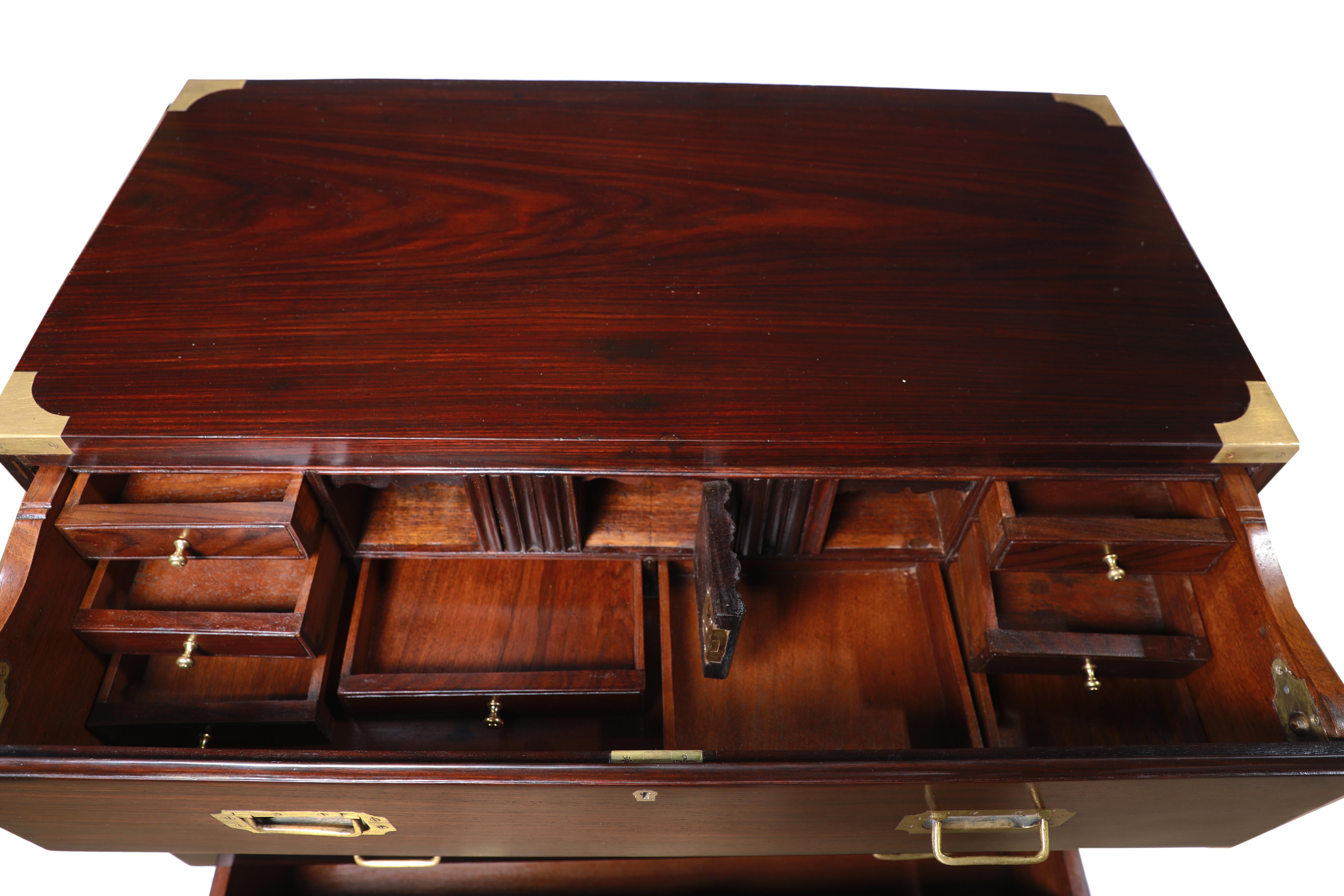 British Campaign Rosewood Secretary Dresser, Early 1900's In Good Condition For Sale In Nantucket, MA