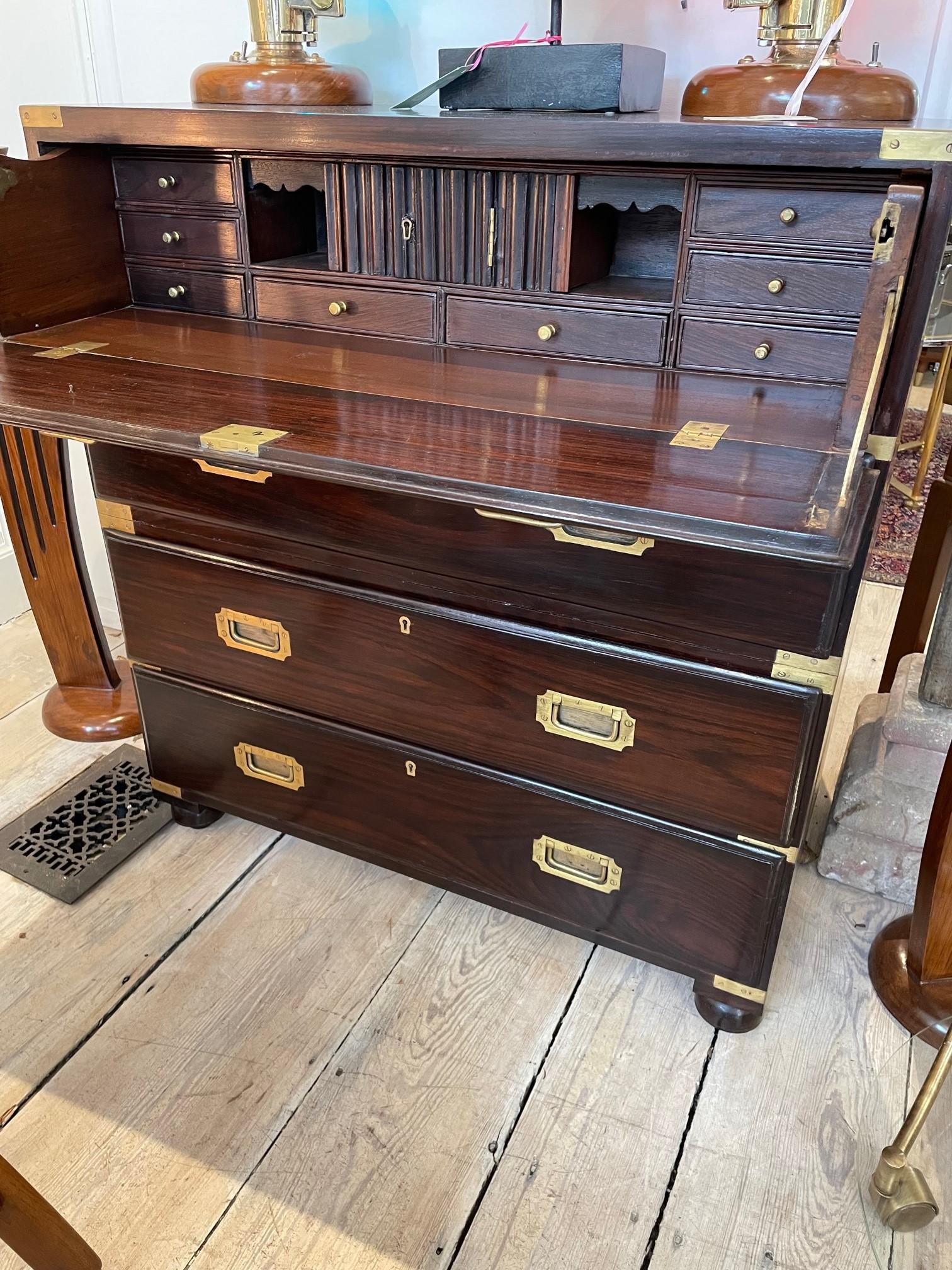 British Campaign Rosewood Secretary Dresser, Early 1900's For Sale 2