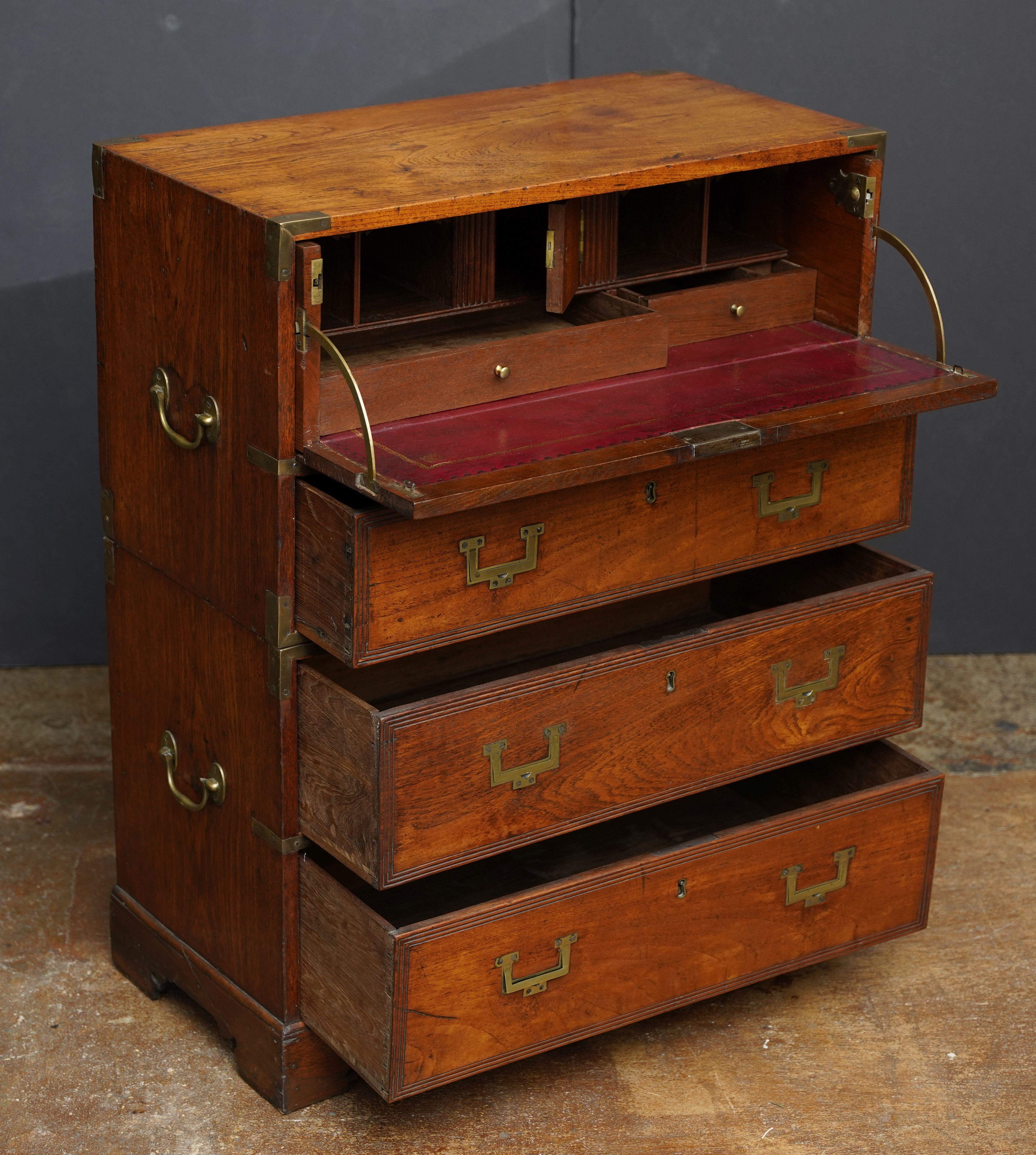 19th Century Rare and Diminutive British Military Campaign Secretary with Leather Top Fall