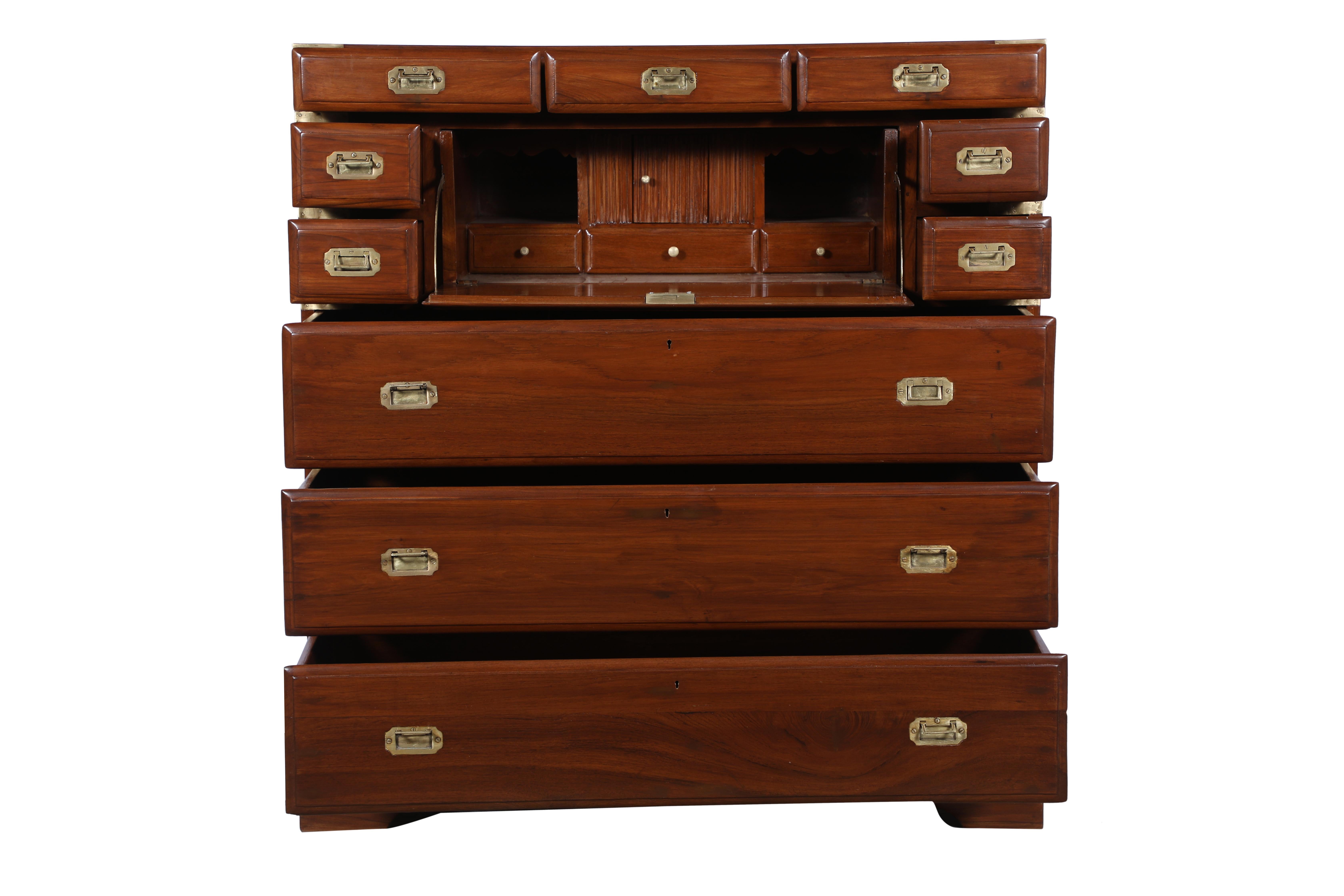 British Campaign Teak Secretary Chest of Drawers and Desk, Early 1900's In Good Condition In Nantucket, MA