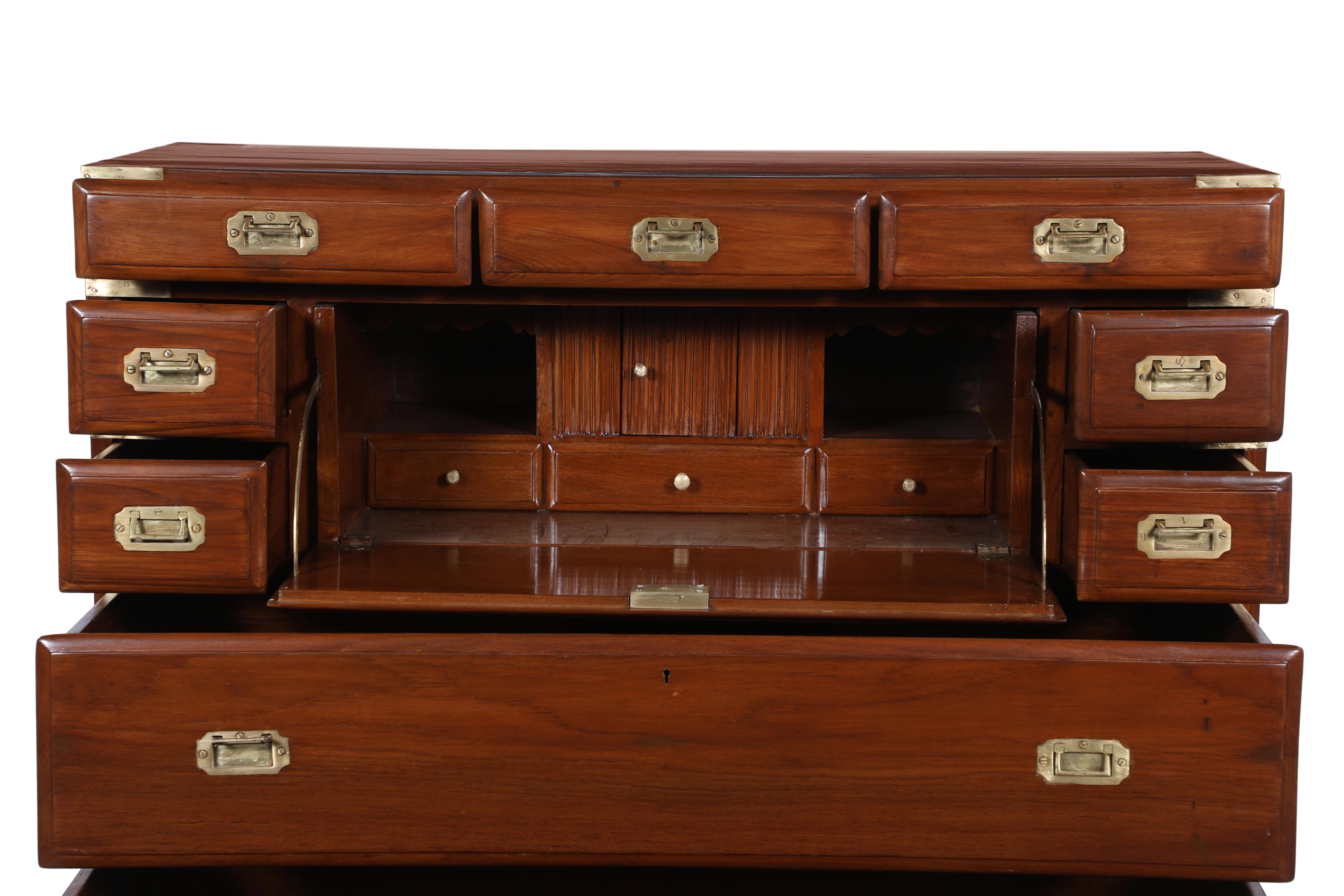 20th Century British Campaign Teak Secretary Chest of Drawers and Desk, Early 1900's