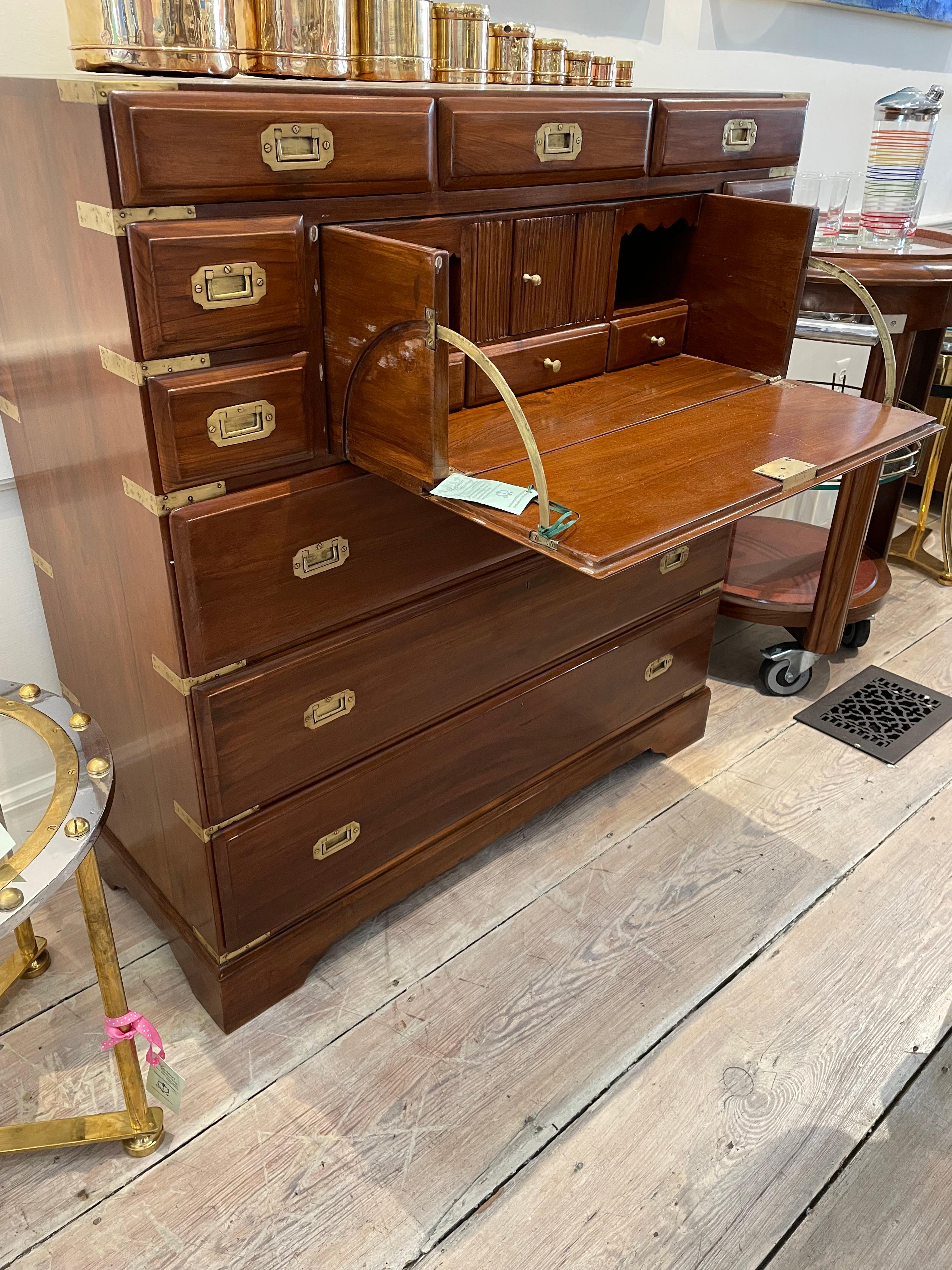 British Campaign Teak Secretary Chest of Drawers and Desk, Early 1900's 3