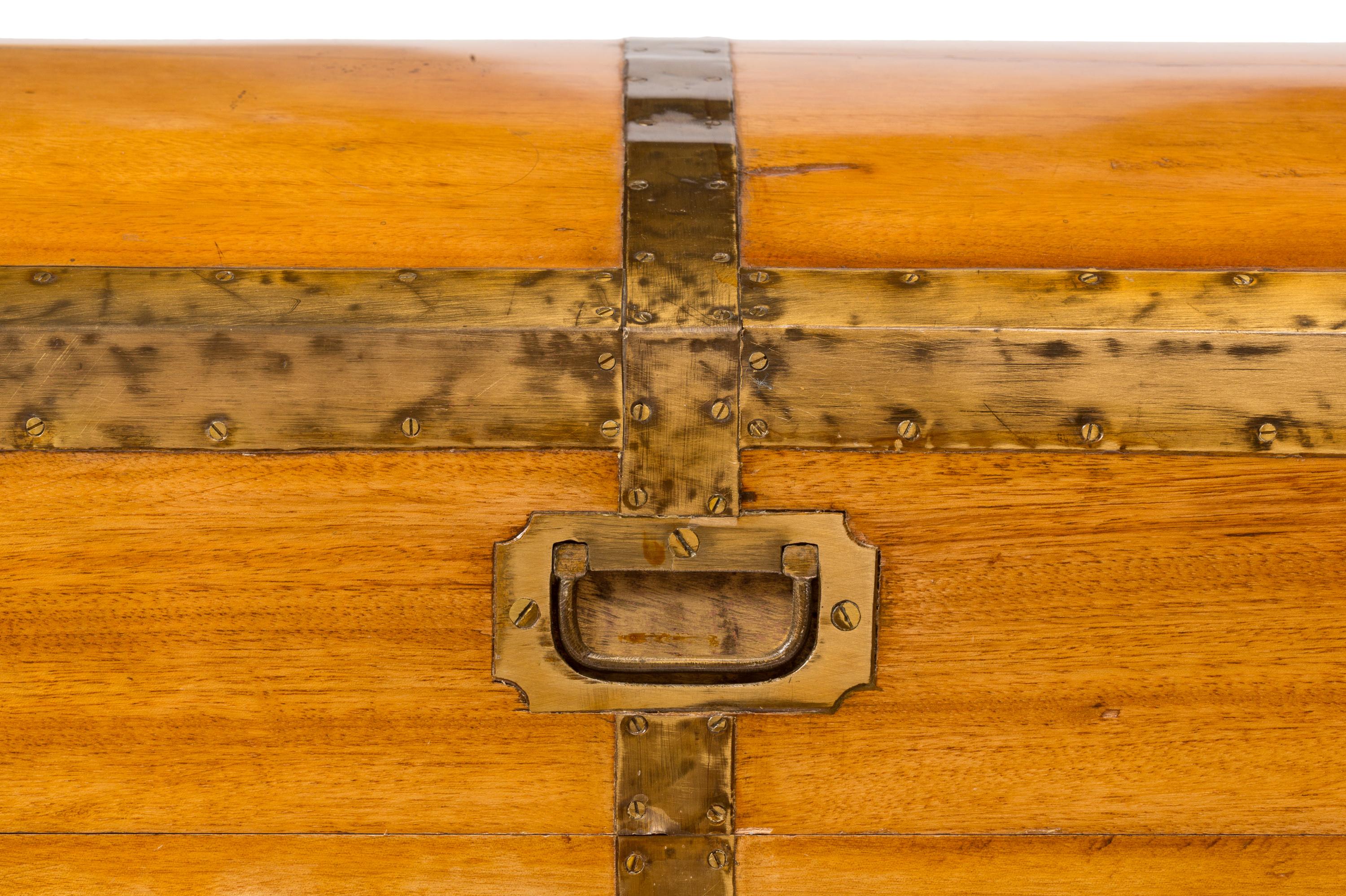 Joinery British Camphor Wood Military Campaign Trunk with Curved Top and Brass Hardware For Sale