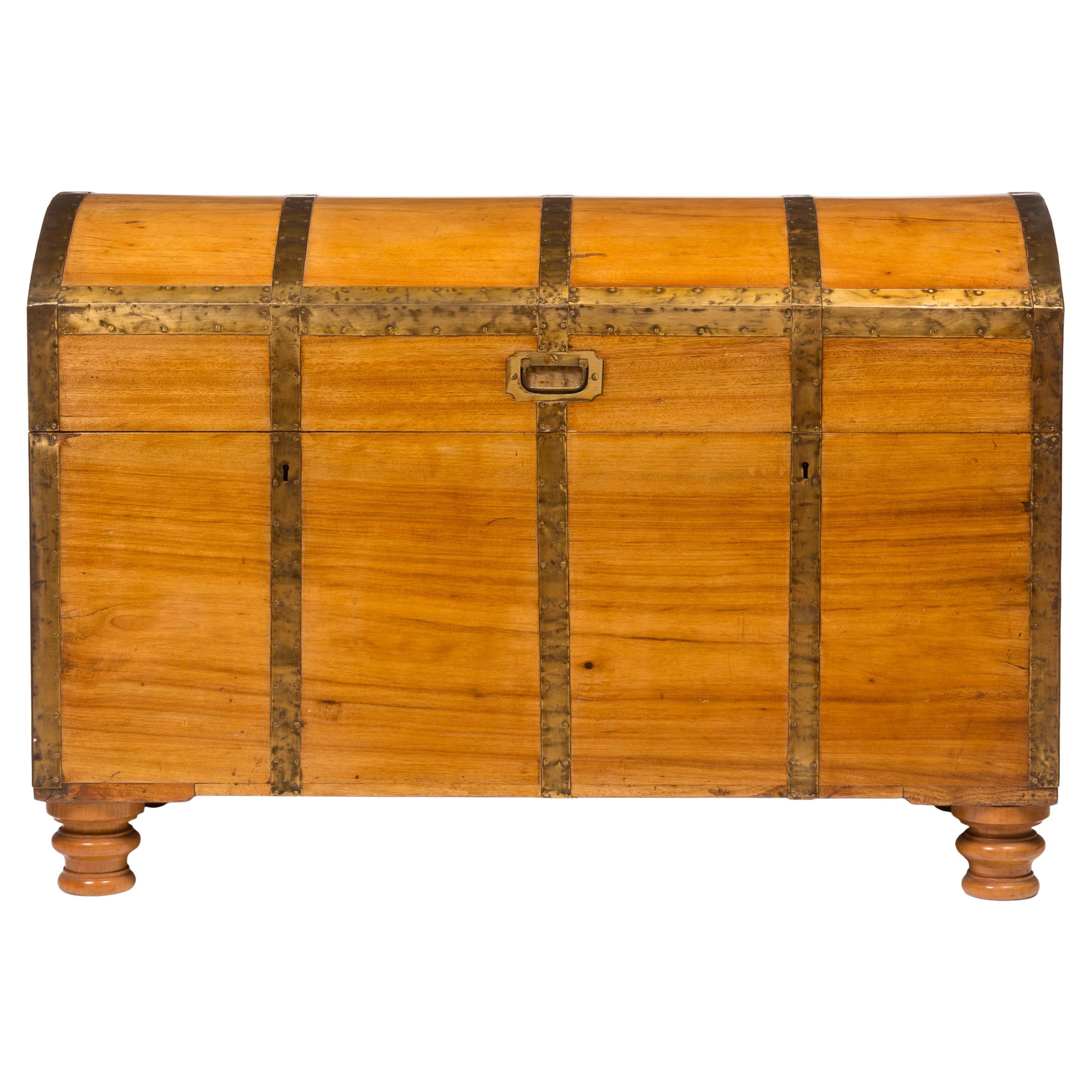 British Camphor Wood Military Campaign Trunk with Curved Top and Brass Hardware For Sale