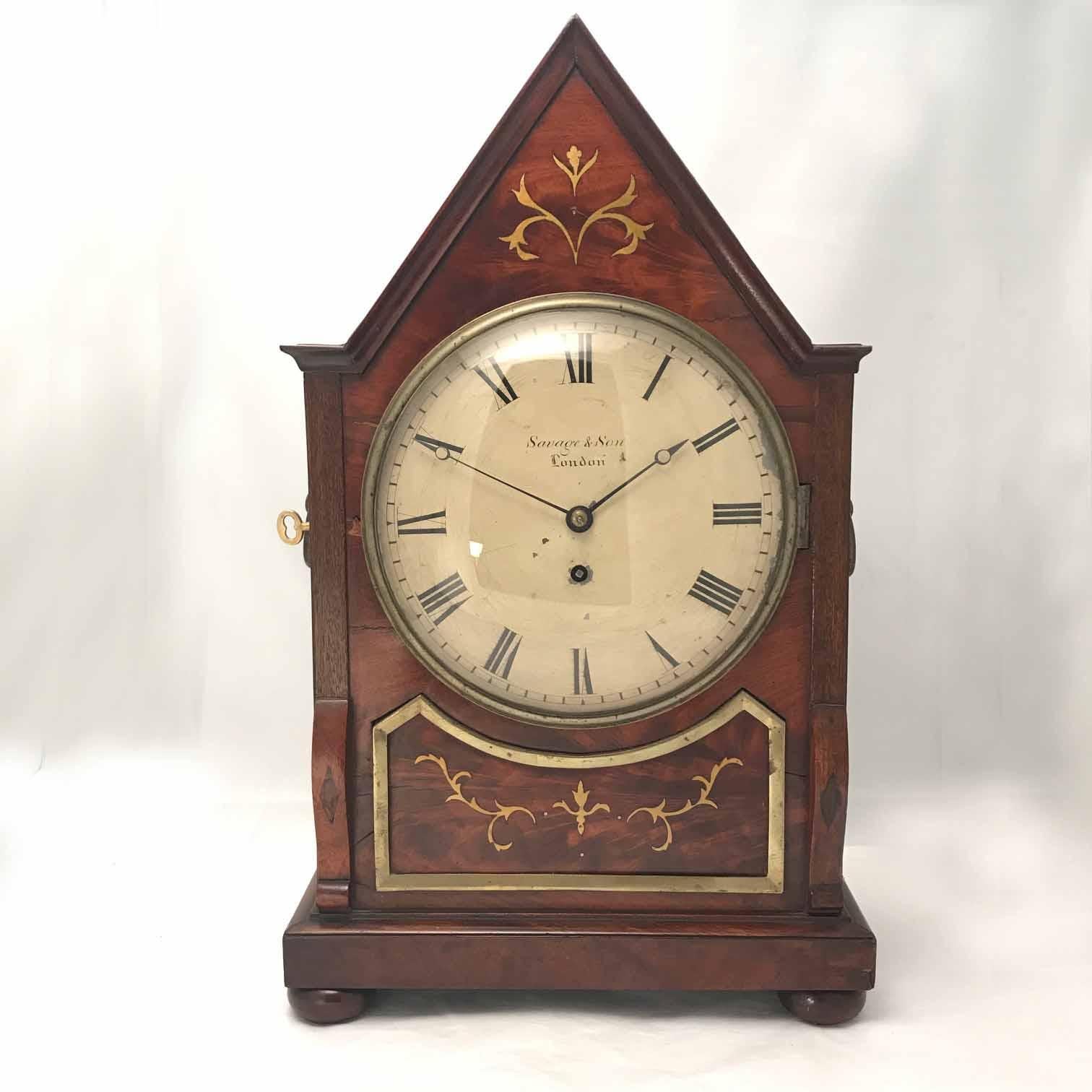 Regency British/Canadian Eight Day Mantel Timepiece in Mahogany and Cut-Brass Case