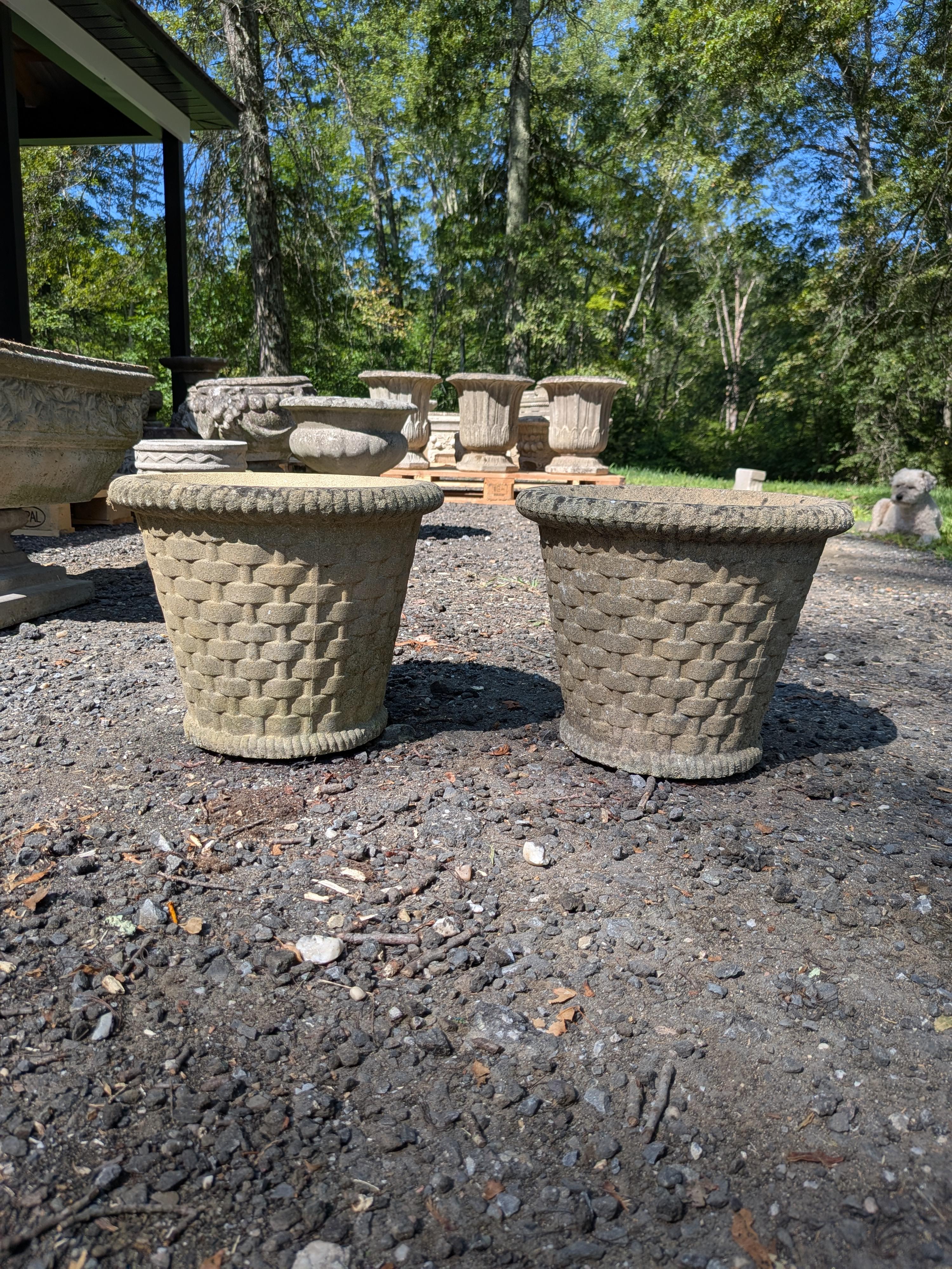 Coppia di autentici vasi da giardino / fioriere / contenitori vintage / antichi britannici.

Design con intreccio a canestro.

**IL PREZZO SI INTENDE PER FIORIERA**

Dimensioni:
Diametro esterno 12,75
Diametro interno di 10