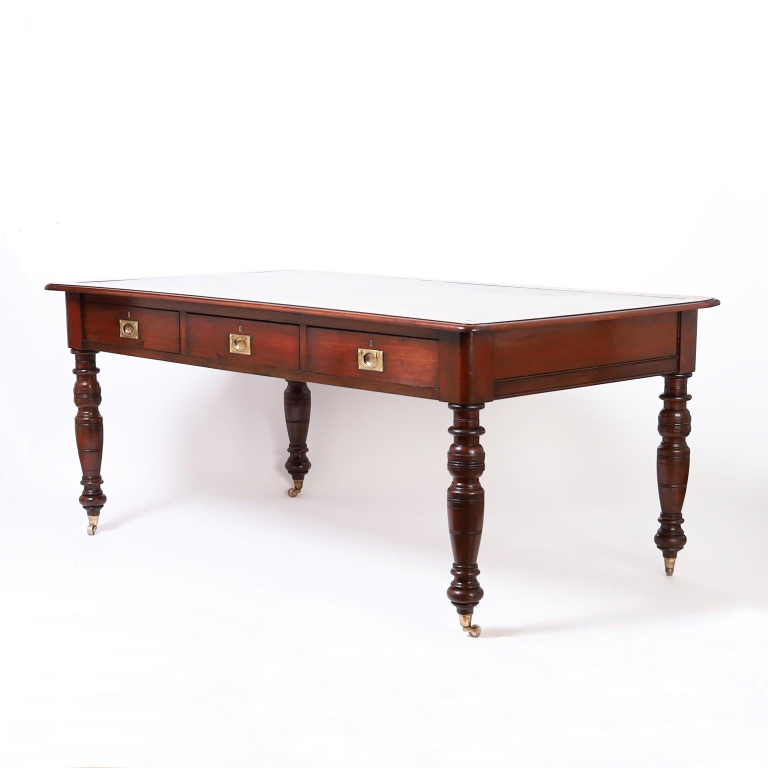 British Colonial British Colonia Style Leather Top Desk or Writing Table