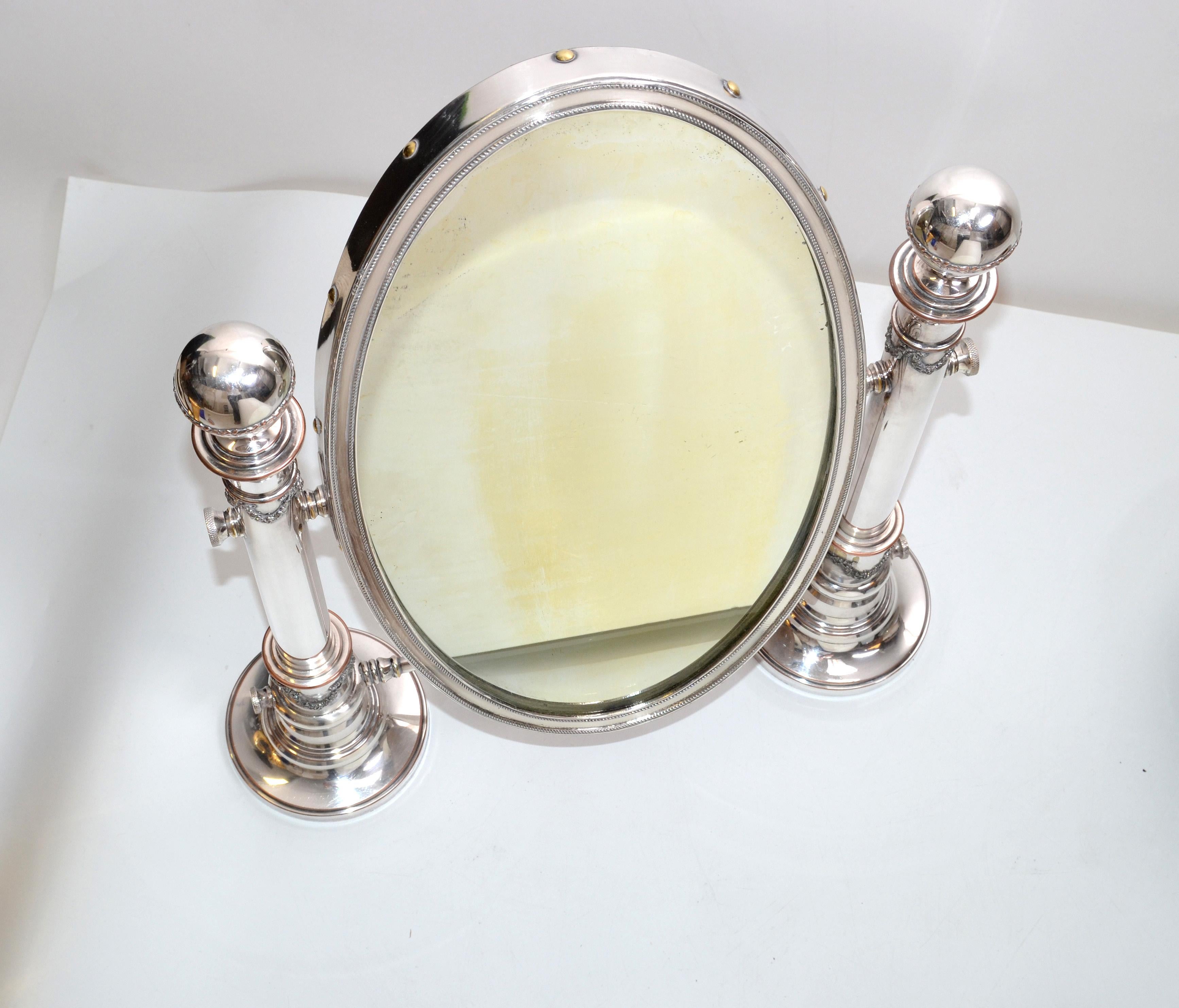 British Colonial Antique 1910 Sheffield England Oval Vanity Mirror Pedestal For Sale 2